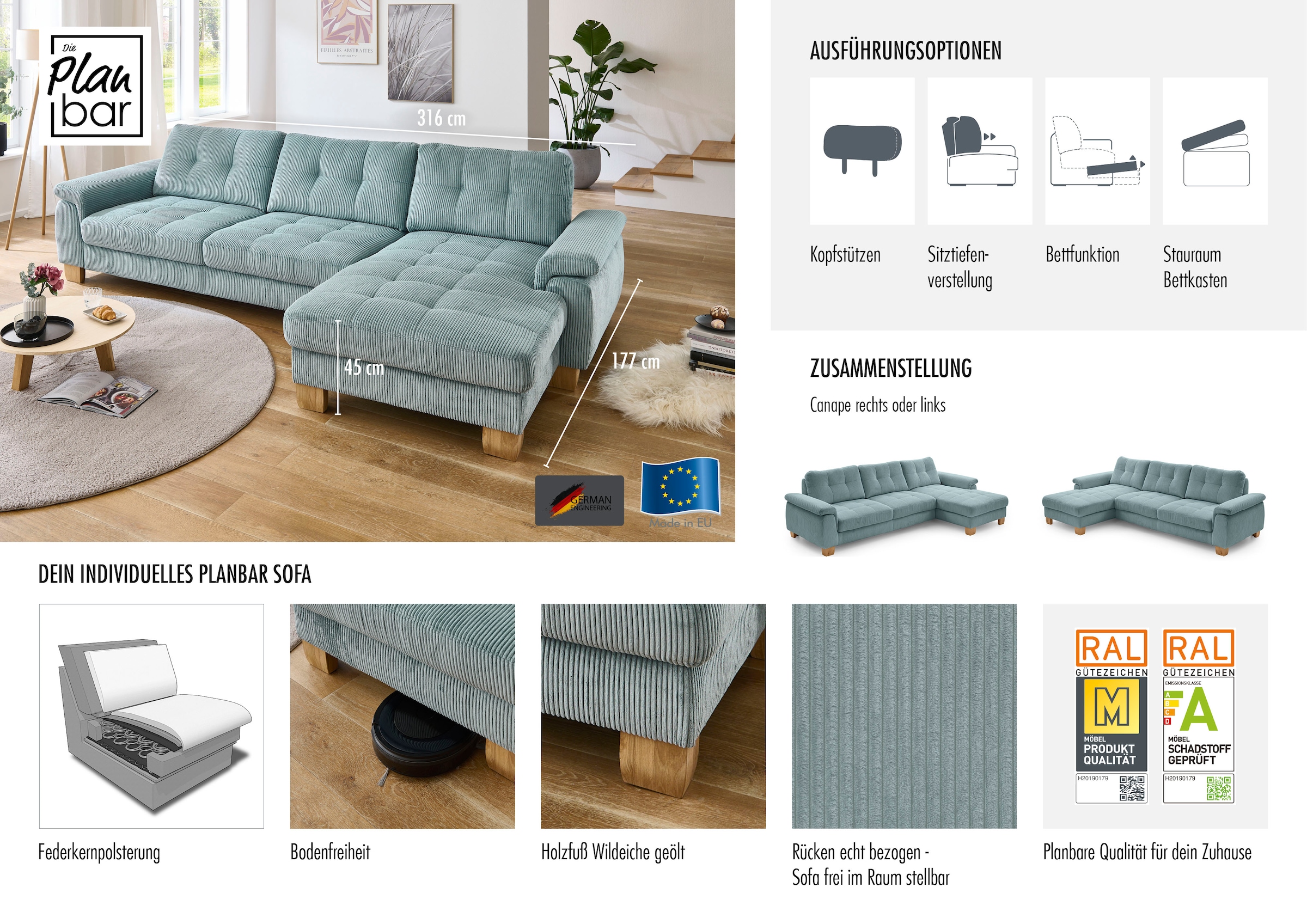 Die PlanBar Ecksofa »PP-LA19101« wahlweise mit Bettfunktion und verstellbaren Kopfstützen, in Cord