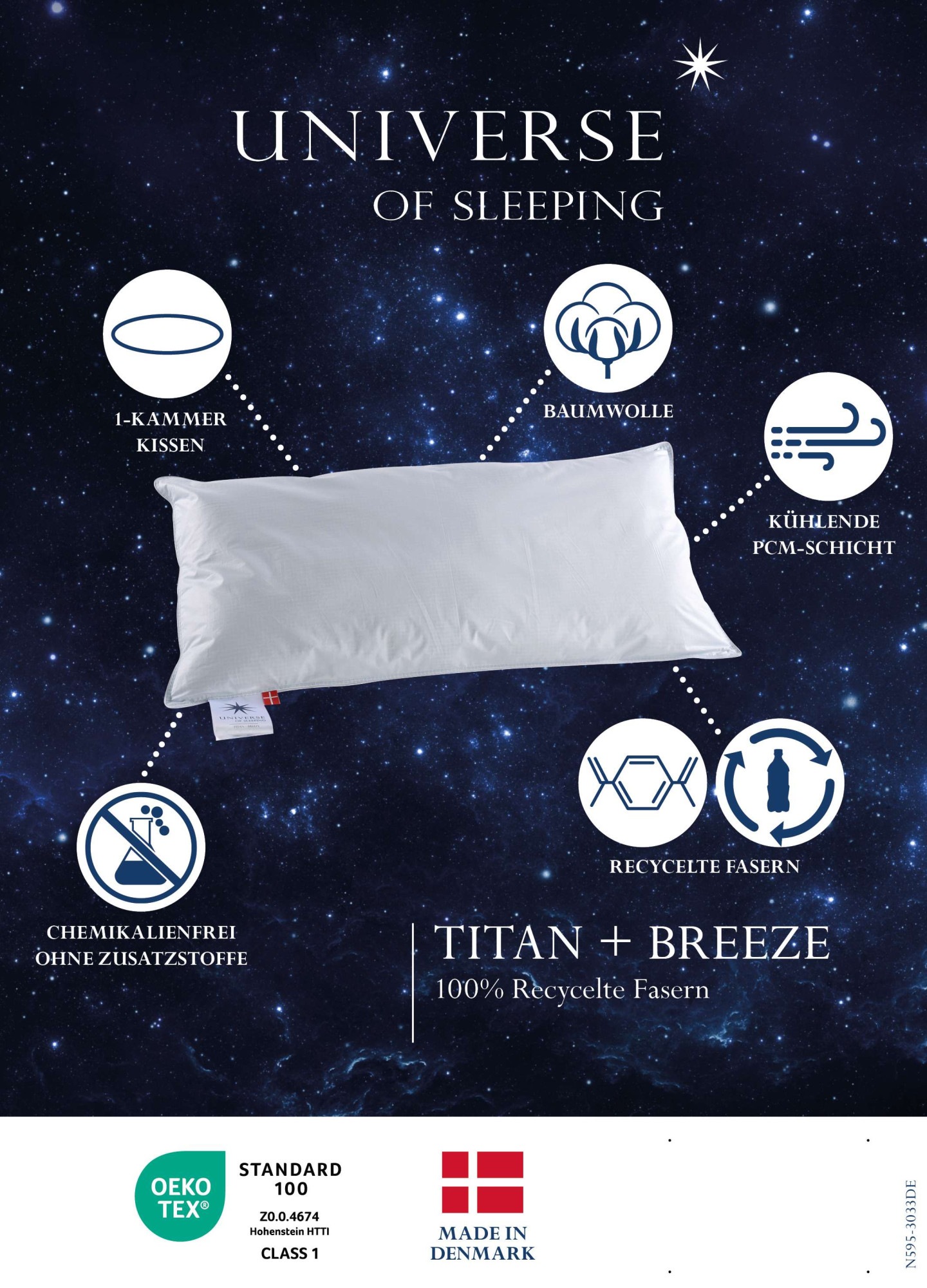 Universe of sleeping Kunstfaserkopfkissen »Titan Breeze Klimaaktives Baumwollbezug, klimaregulierendes Kissen«, Füllung: 100% recycelte weiche Faserbällchen, (1 St.), Kopfkissen 40x80 cm, Medium Höhe, Made in Denmark