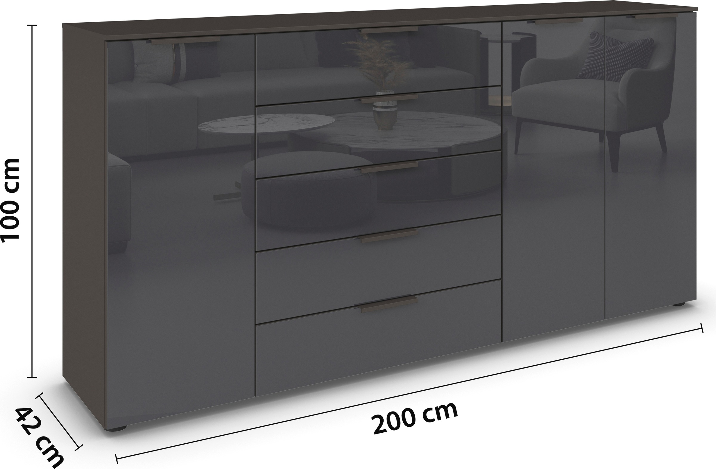 rauch Kombikommode »Kommode Türkommode Sideboard Kombikommode FLIPP mit Glasfront«, (Breite 200 cm mit 4 Einlegeböden), 3-türig mit 5 Schubladen und Soft-Close-Funktion sowie Glasfront