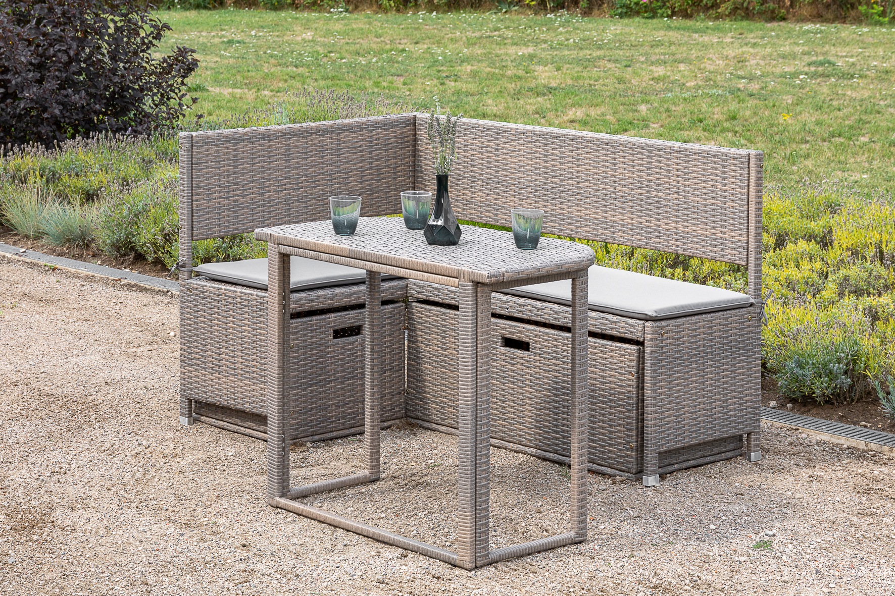 Gartenbank MERXX "Eckbank", grau (grau, beige), B:100cm H:91cm T:148cm, Kunststoff, Stahl, Sitzbänke, Gartenbank 2