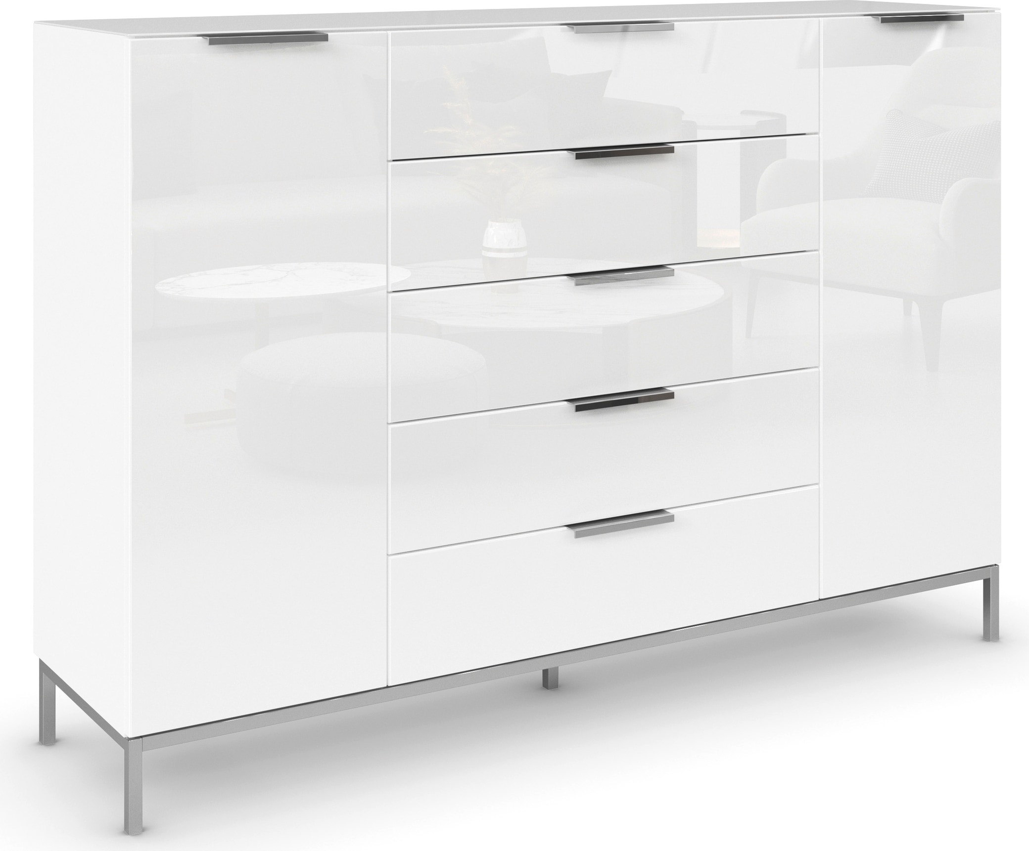 rauch "Kommode Türkommode Sideboard Kombikommode FLIPP mit Glasfront" Breite 160/180 cm mit 4 Einlegeböden, 2-türig, 5 Schubladen, Soft-Close, Oberboden und Front Glas, 2 Breiten