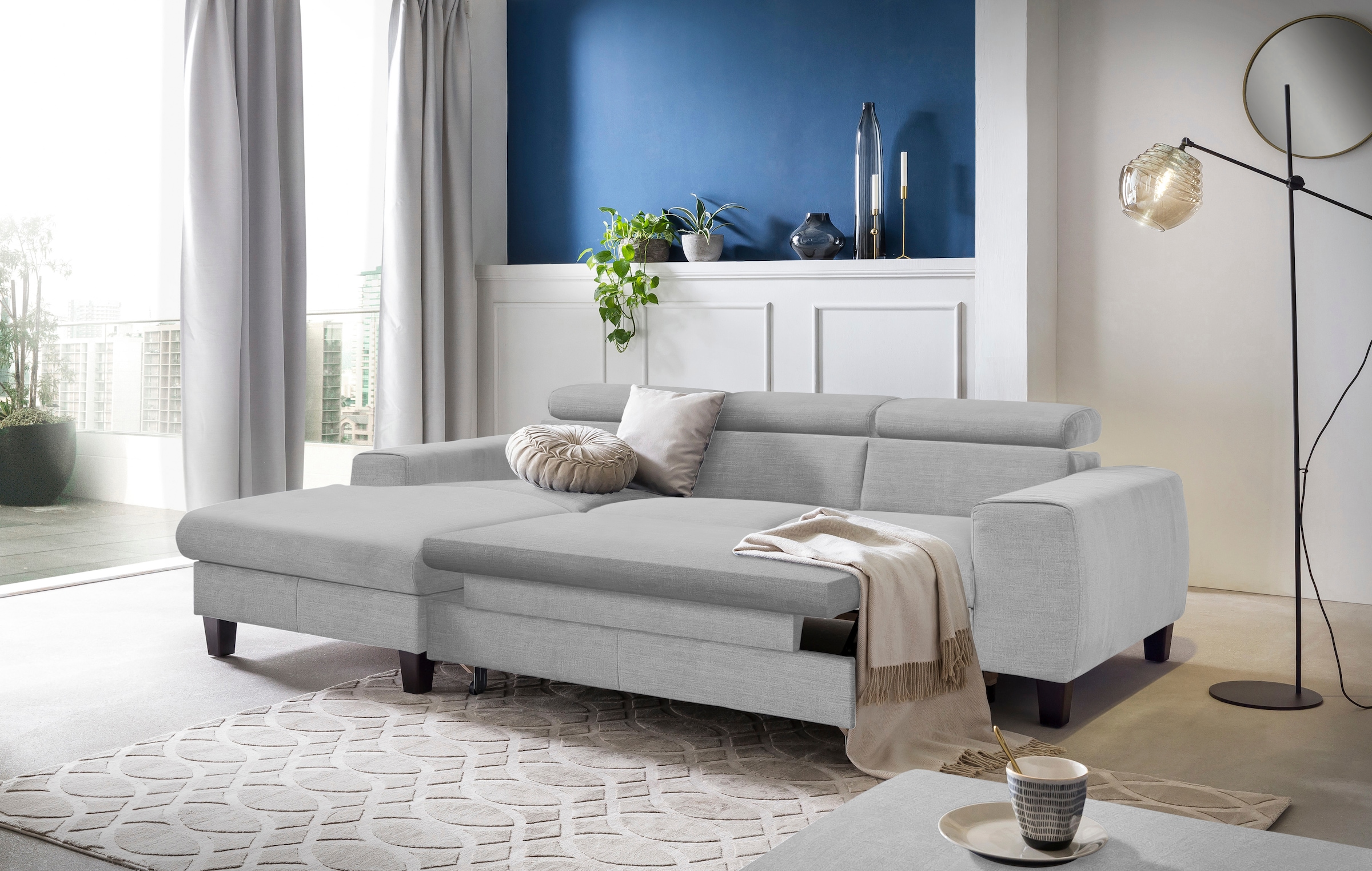 COTTA Ecksofa »Morven L-Form mit Kopfteilverstellung«, wahlweise mit Bettfunktion, Bettkasten & Wireless-Charger