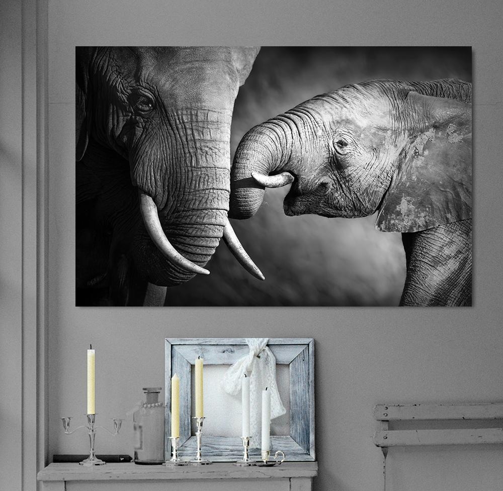 queence Leinwandbild »Elefant«, Elefant-Schwarz-Weiß-Elefanten-Gruppen & Familien-Elefanten Bilder, Premium-Leinwandstoff, Handarbeit aus Deutschland, 60x40cm