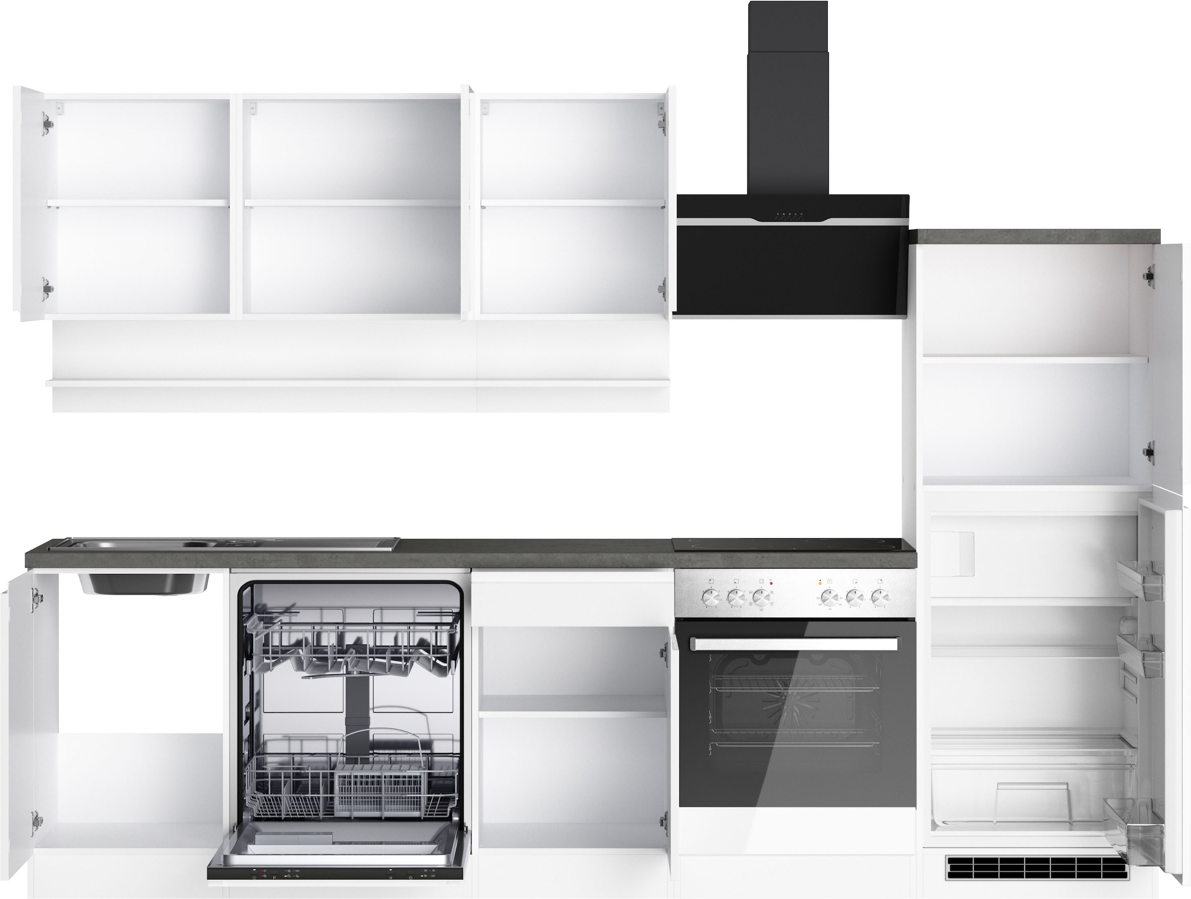 KOCHSTATION Küchenzeile »KS-Virginia,neu in verbesserter Ausführung« Arbeitsplatte 38 mm stark, Stauraum, Softclose,  Breite 280 cm, Soft-Close, wahlweise mit E-Geräten