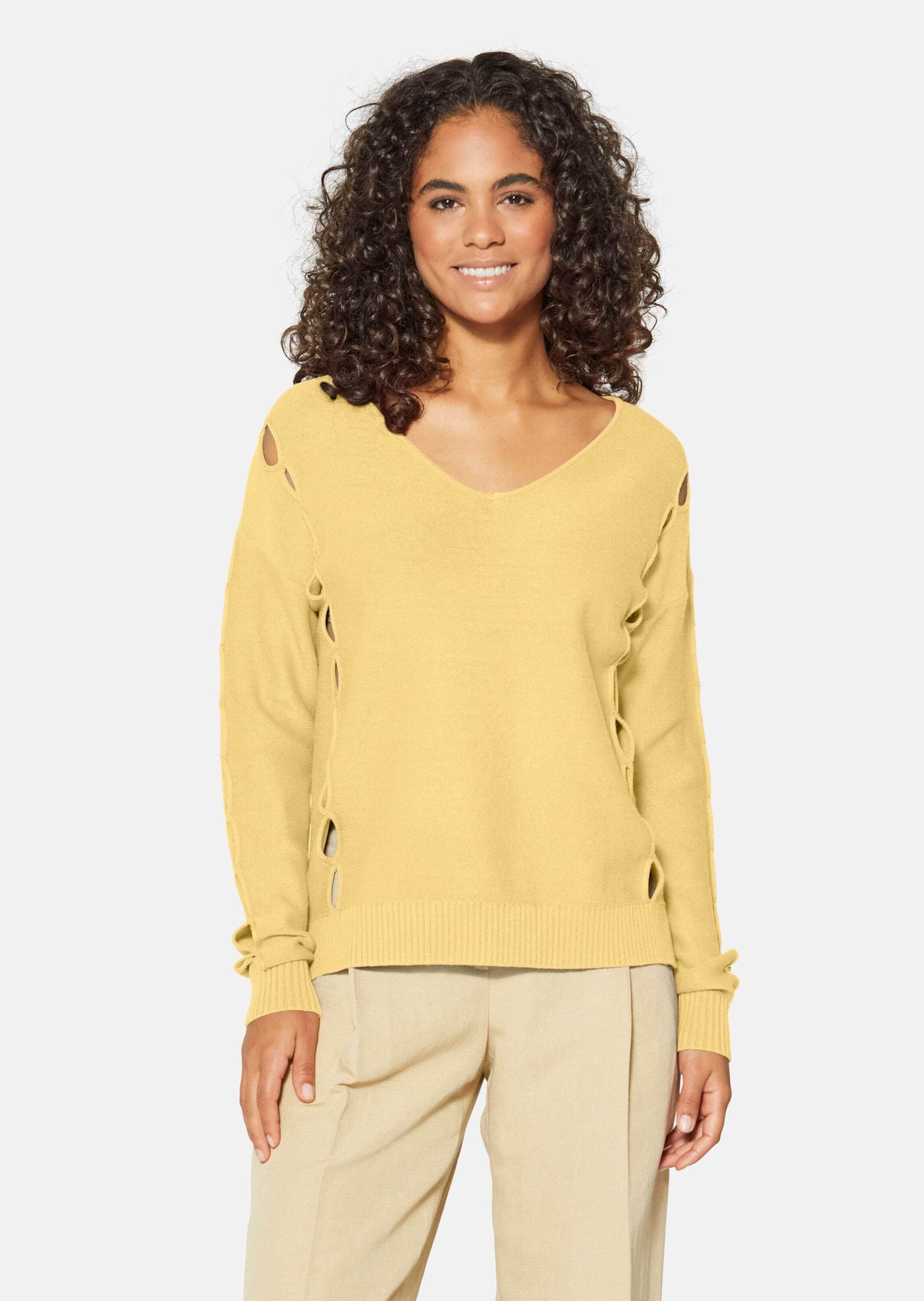 MADELEINE Longpullover »Pullover Strickpullover mit Cut-Outs und V-Ausschnitt«