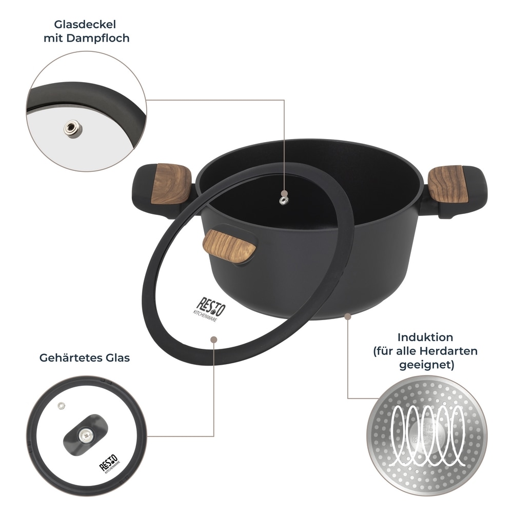 RESTO Kitchenware Kochtopf »Mon, Bratentopf antihaftbeschichtet und spülmaschinenfest«, Aluminium, (2 tlg.), mit Glasdeckel und stoßdämpfendem Silikonrand, im Geschenkkarton