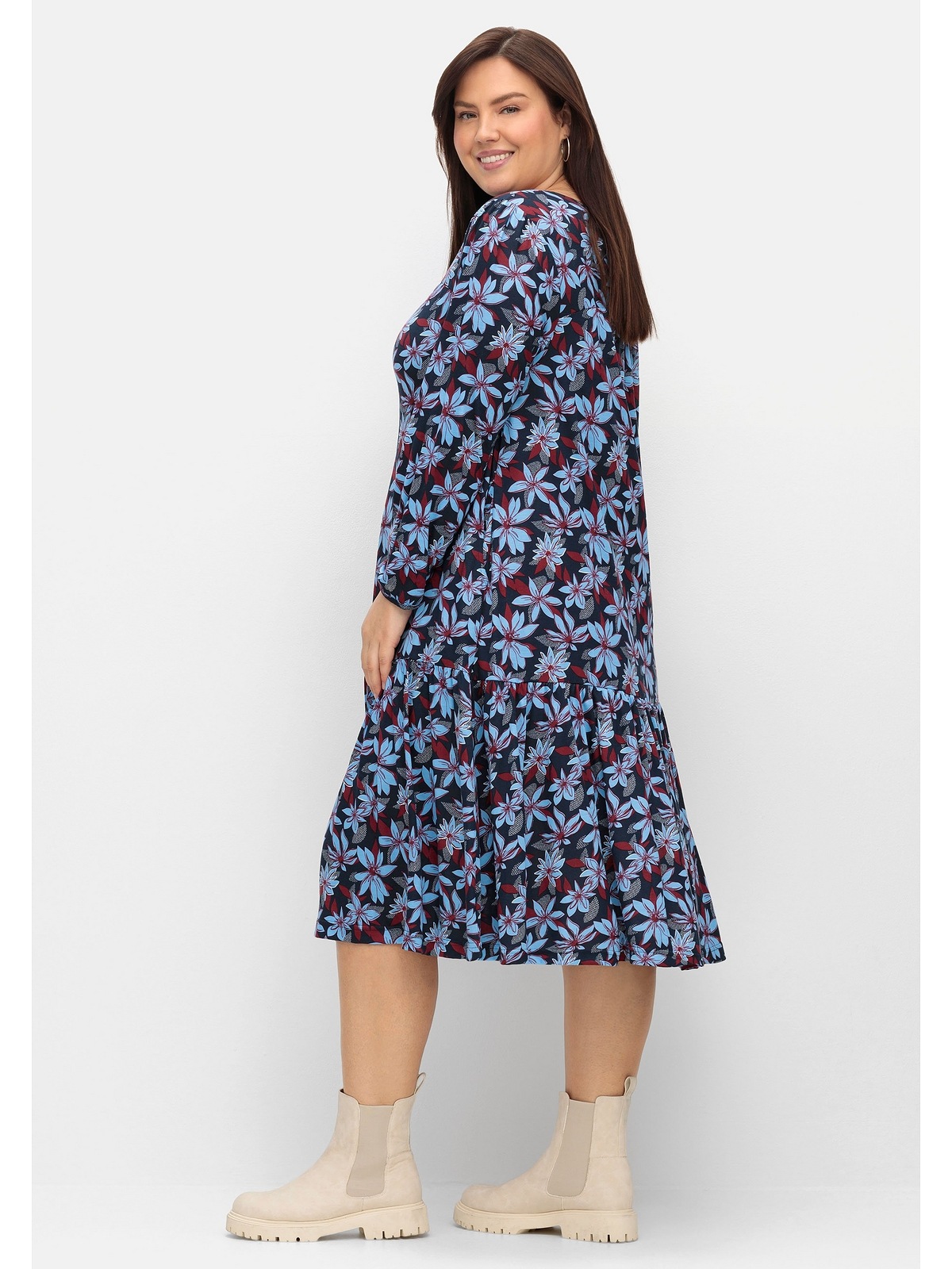 Größen«, Jerseykleid mit | online A-Linie Sheego BAUR »Große in Blumendruck, bestellen