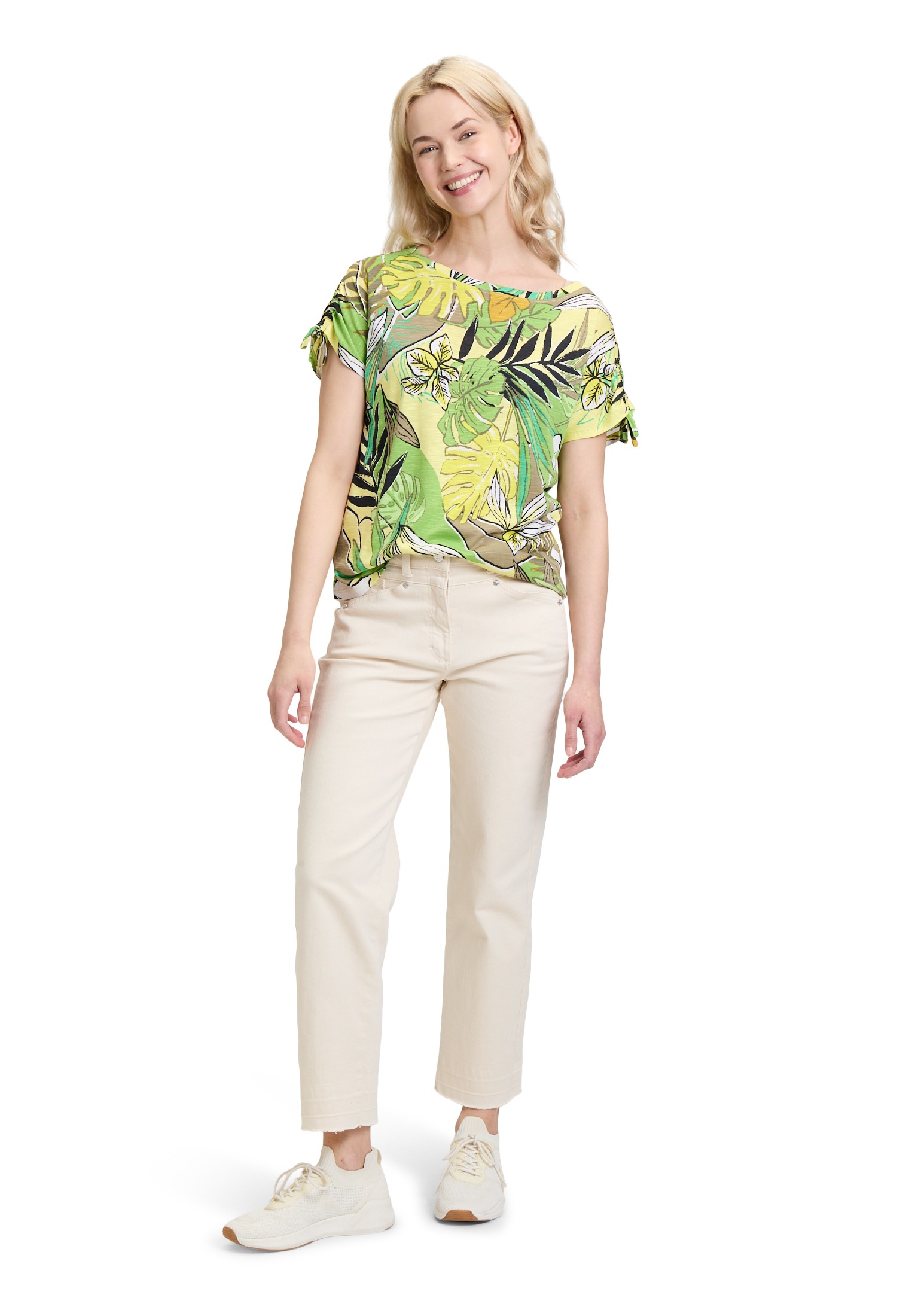 Kurzarmshirt BETTY BARCLAY "Damen mit Raffung", Damen, Gr. 36, bunt (grün, gelb), Jersey, Obermaterial: 50% Modal, 50% Baumwolle, figurumspielend normal, U-Boot-Ausschnitt, Shirts, Druck 3
