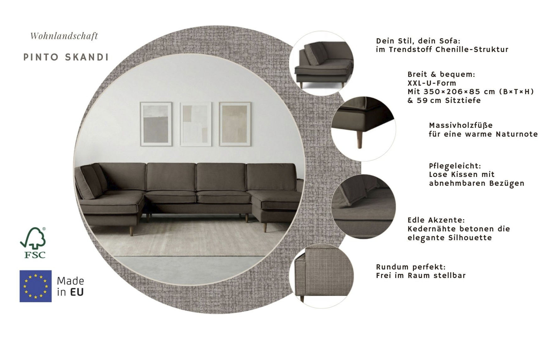 Thumbnail - Home affaire Wohnlandschaft "Pinto Skandi, 350 cm, U-Form, XXL, mit Ottomanen" mit Keder, Massivholzfüße Eiche geräucher...