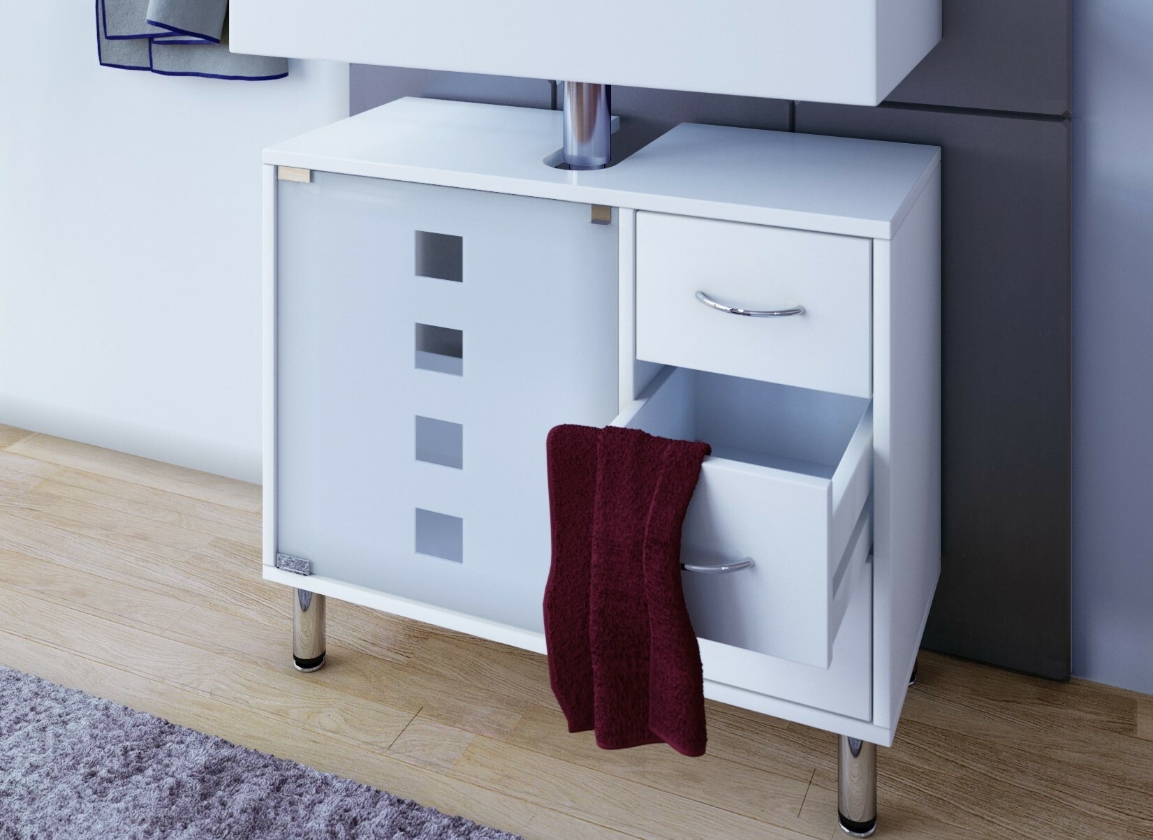 VCM Waschbeckenunterschrank »VCM Holz Waschbeckenunterschrank | Badschrank | Maße: H. 58 x B. 67 x T. 30 cm | 1 ESG-Sicherheitsglastür | 3 Schubladen | modernes Badezimmermöbel - Darola«, (1 St.)
