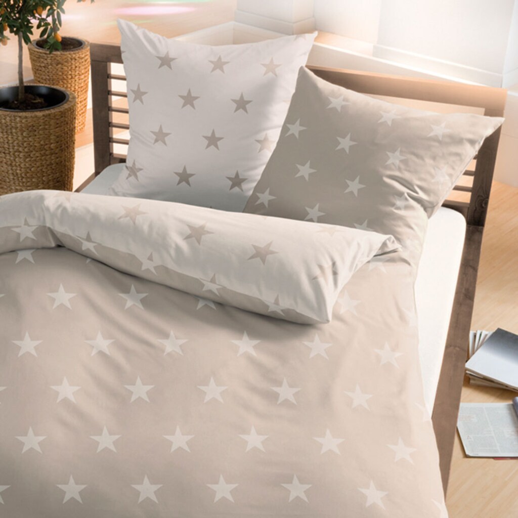 BETTWARENSHOP Wendebettwäsche »Stars in Biber (Flanell) Qualität, 100% Baumwolle, Bett- und Kopfkissenbezug mit Reißverschluss, wärmende Winterbettwäsche, ganzjährig einsetzbar«, (2 tlg.)