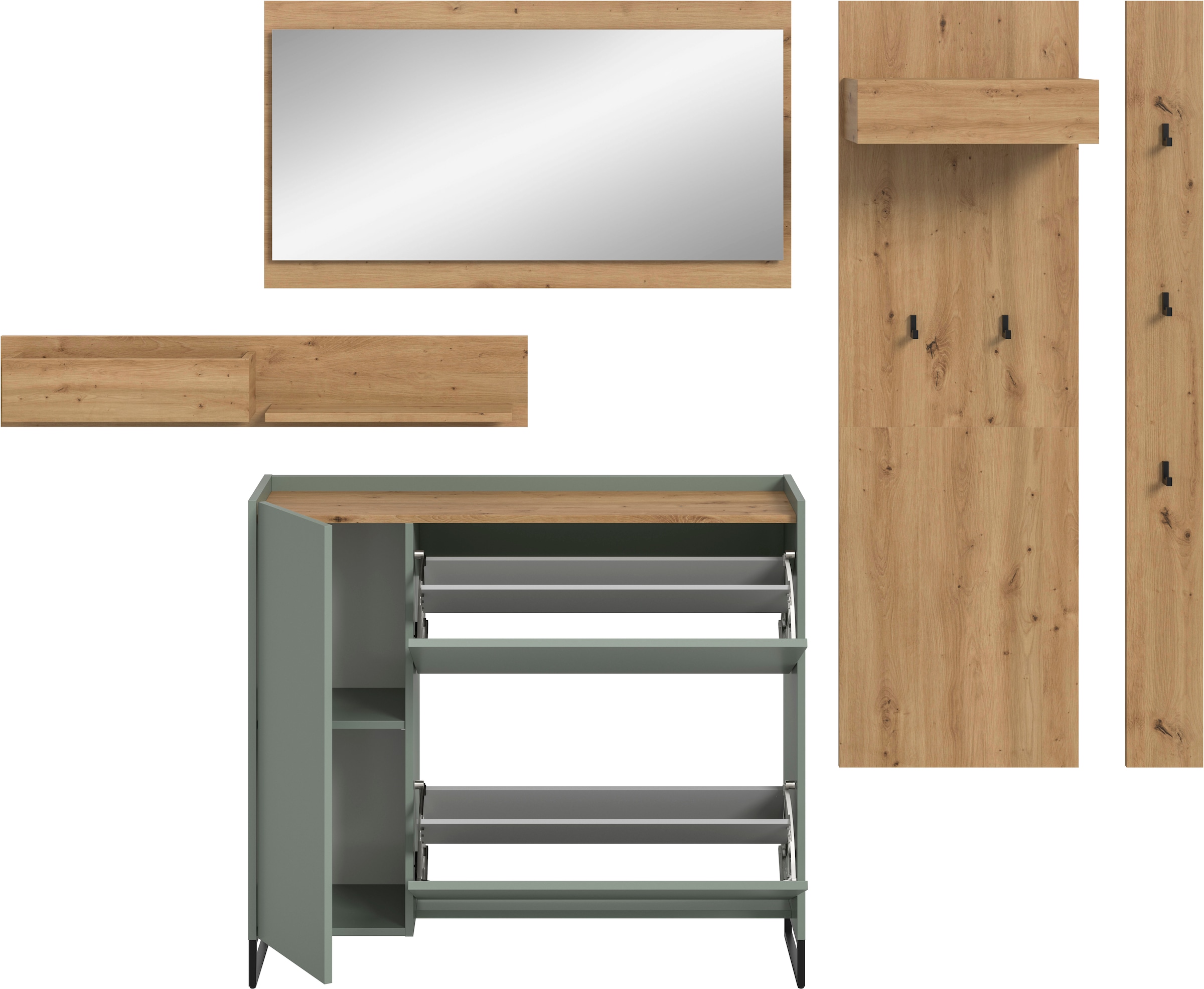 Home affaire Garderoben-Set »EVRID, 5-teilig, Breite 236 cm, individuell stellbar & erweiterbar« best. aus: Wandboard, Kommode, Spiegel, Garderobenpaneel, Hakenleiste, 5 Stk. tlg.