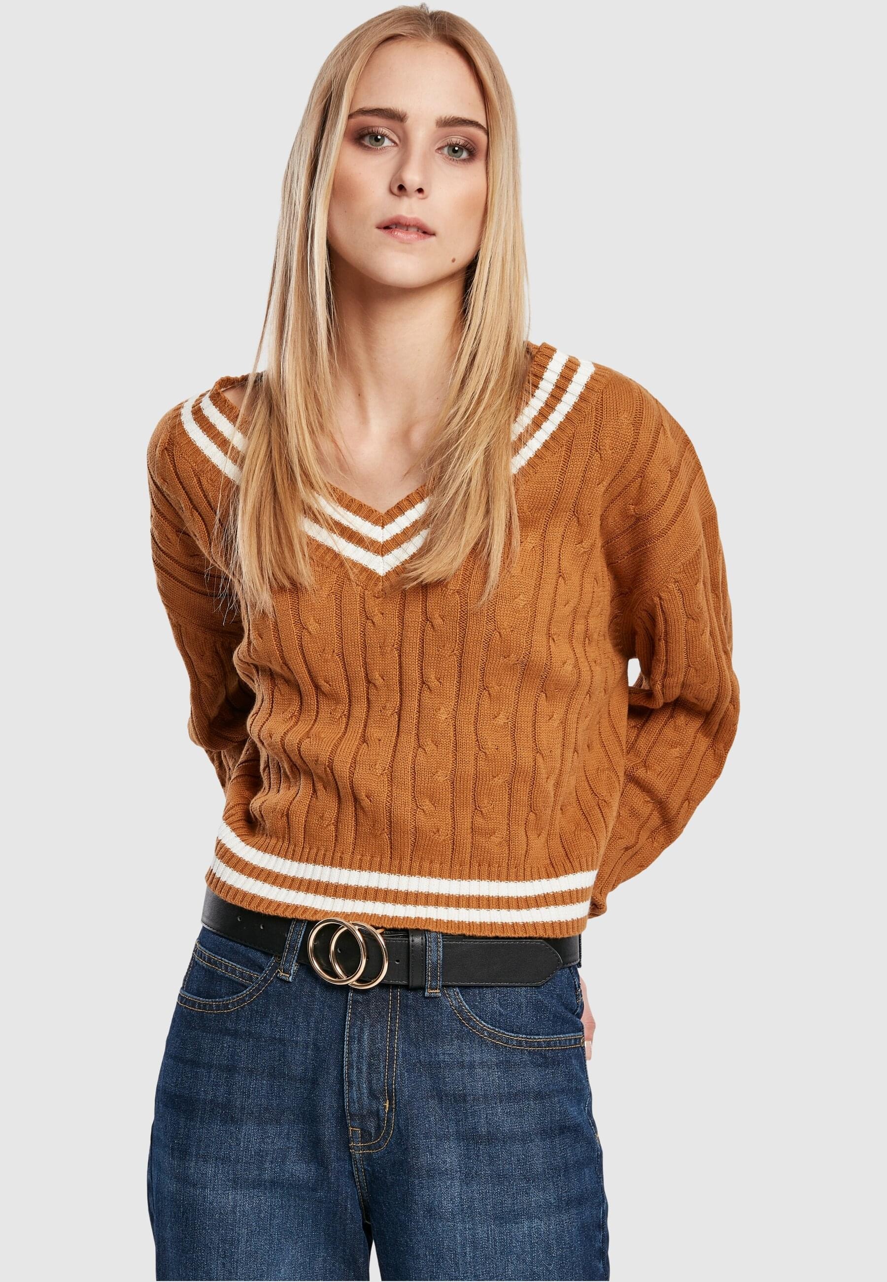 URBAN CLASSICS Rundhalspullover »Urban Classics Damen Ladies Short V-Neck College Sweater«, (1 tlg.)