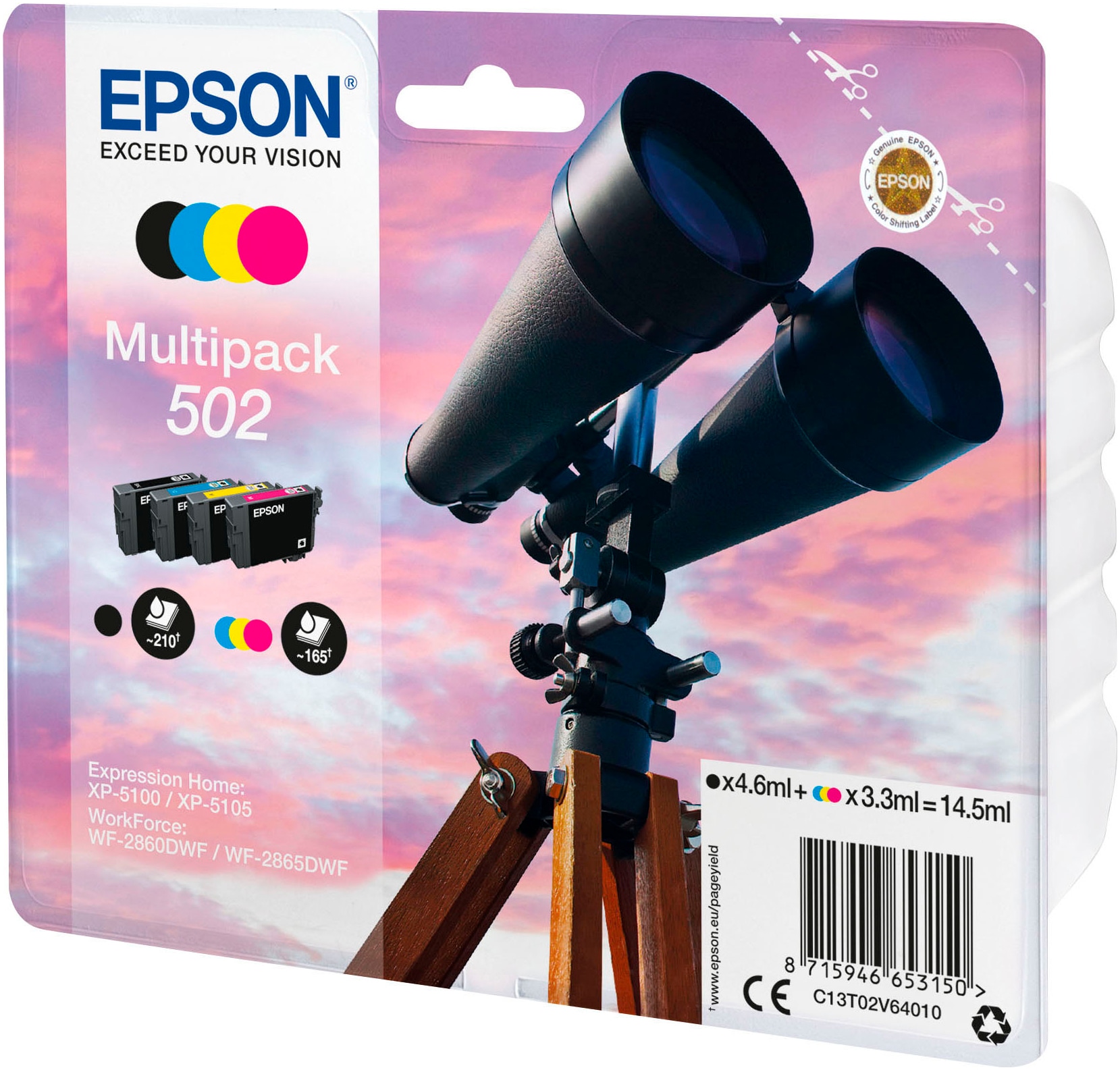 EPSON Tintenpatrone "502 Fernglas"schwarz, cyan, magenta, gelb, Tintenpatronen