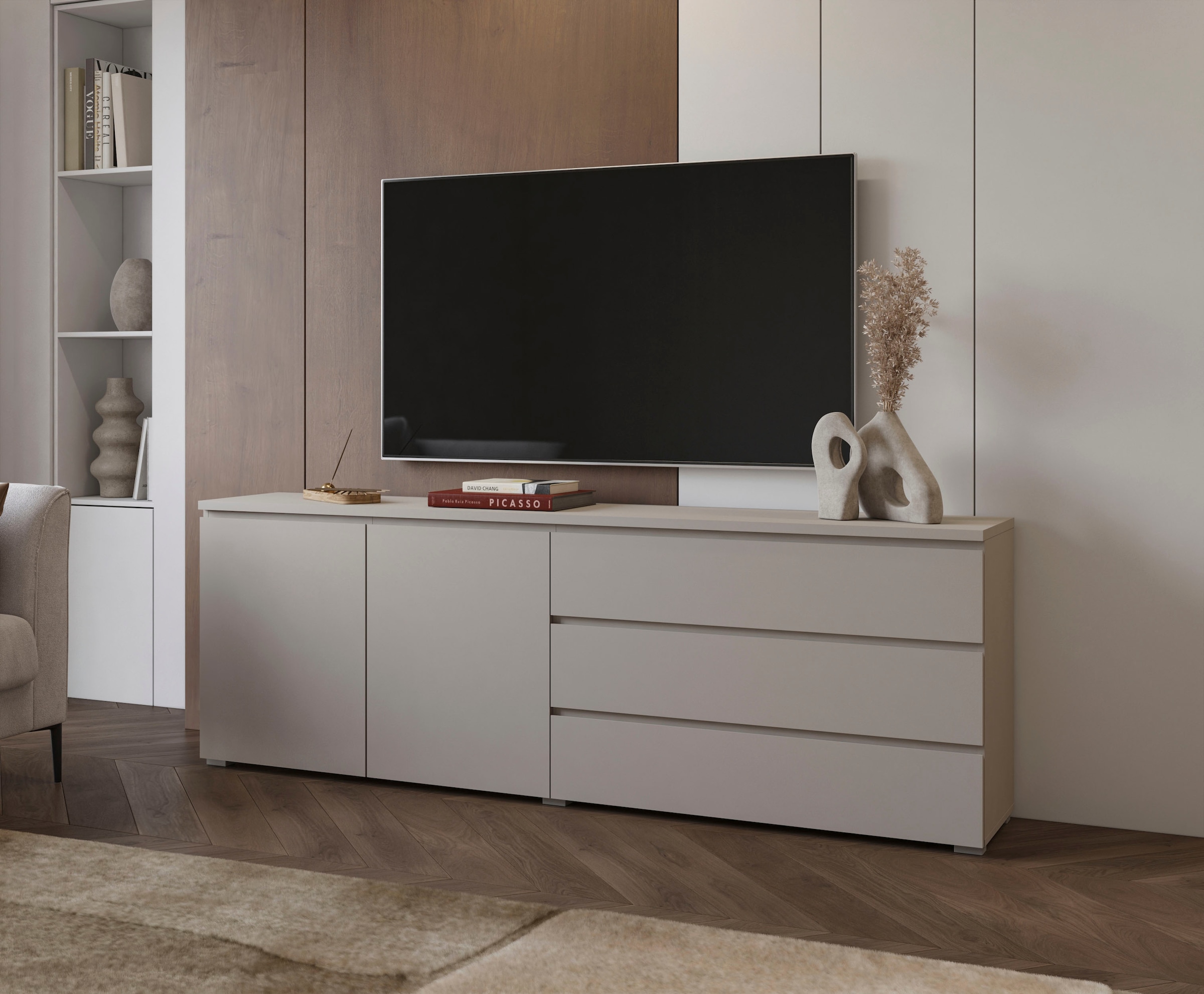 OTTO home Sideboard »Modo, Breite 200 cm, moderne grifflose Kommode 2Türen/3 SK« Schubladenkommode mit viel Stauraum, Einlegeböden verstellbar