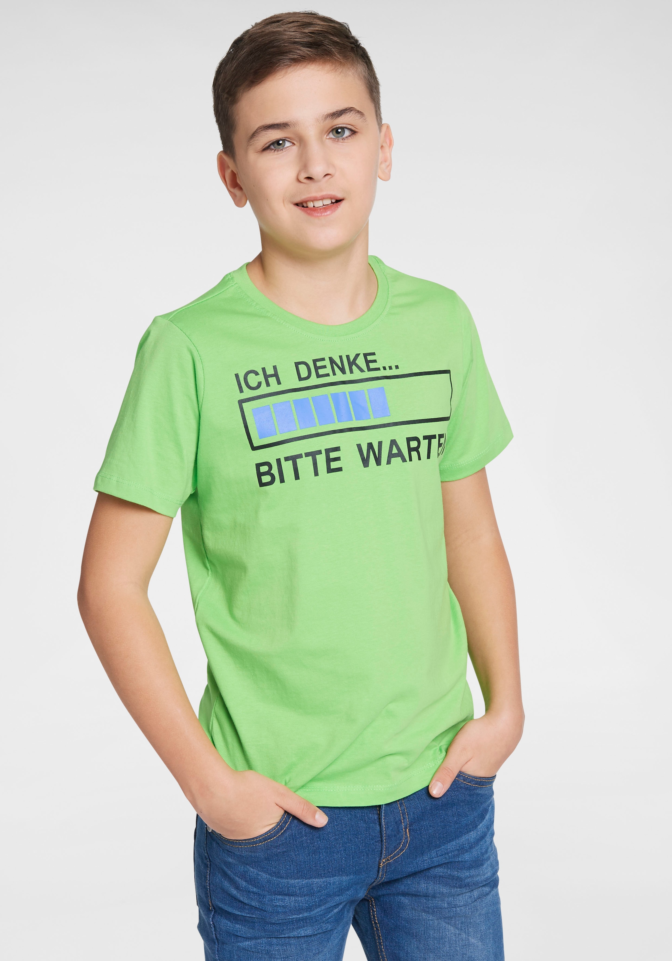 KIDSWORLD T-Shirt »ICH DENKE...BITTE WARTEN«, Spruch ▷ für | BAUR
