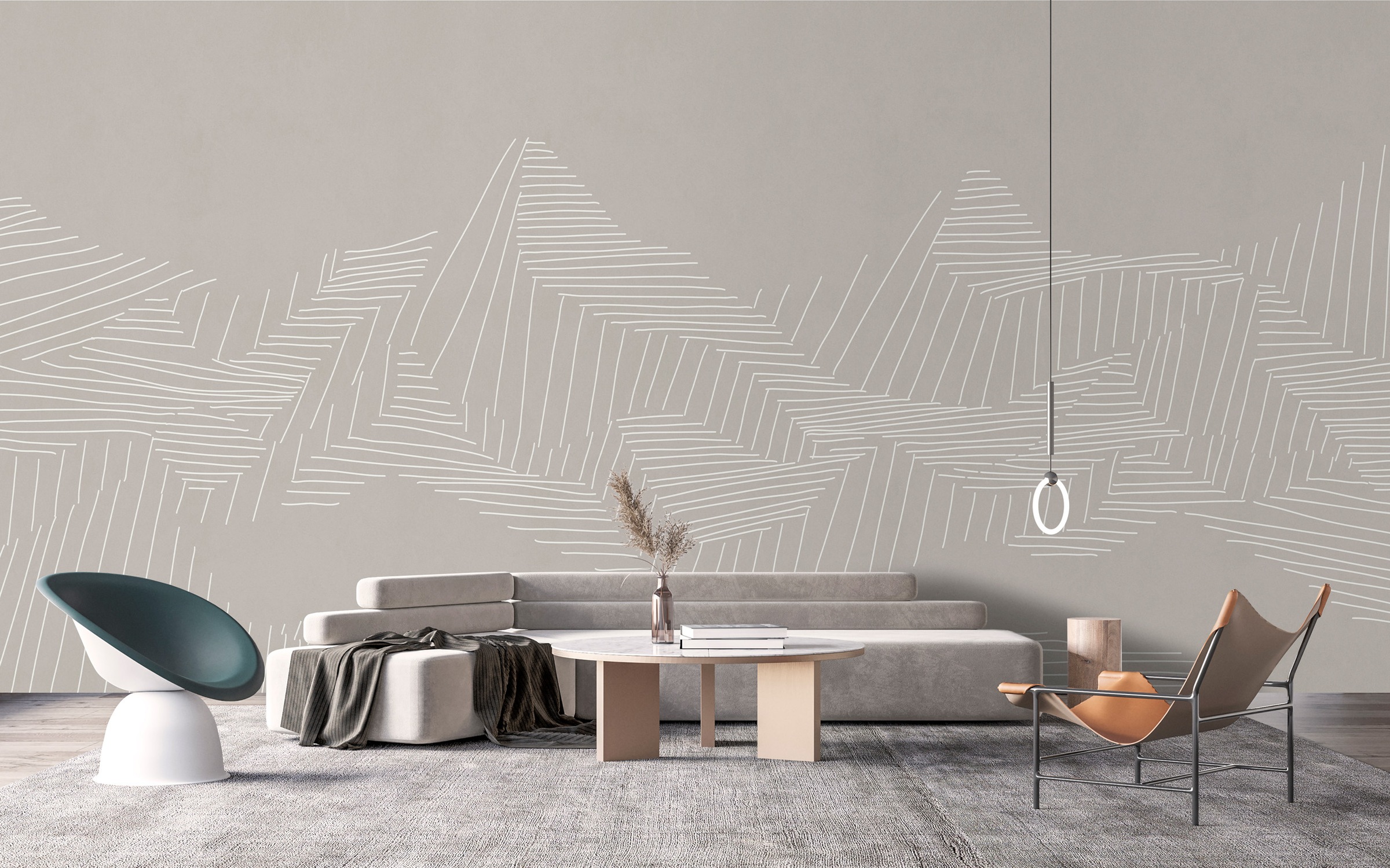 living walls Vliestapete "Fototapete Line Art Berge Beige Weiß Abstrakt" matt glatt