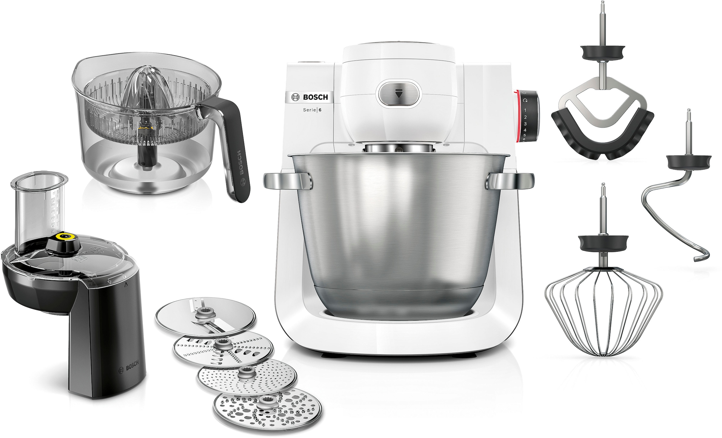 BOSCH Küchenmaschine "Serie 6 MUMS6EW24D, für schwere und große Teigmengen, Zitruspresse" Durchlaufschnitzler, XL-Edelstahlschüssel, Patisserie-Set, made in EU