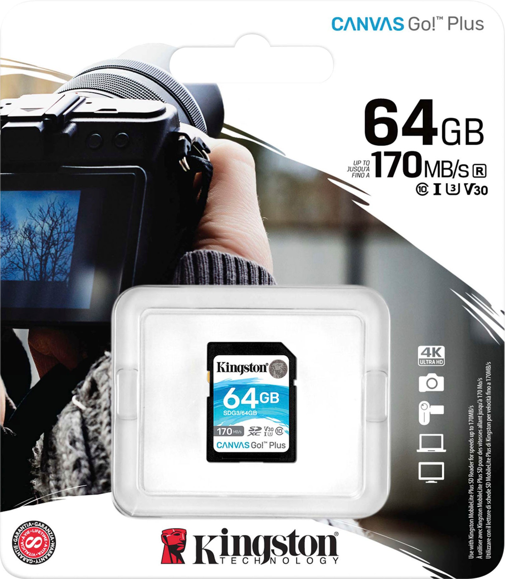 Kingston Speicherkarte »Canvas Go Plus SD 64GB«, (Video Speed Class 30 (V30)/UHS Speed Class 3 (U3) 170 MB/s Lesegeschwindigkeit)