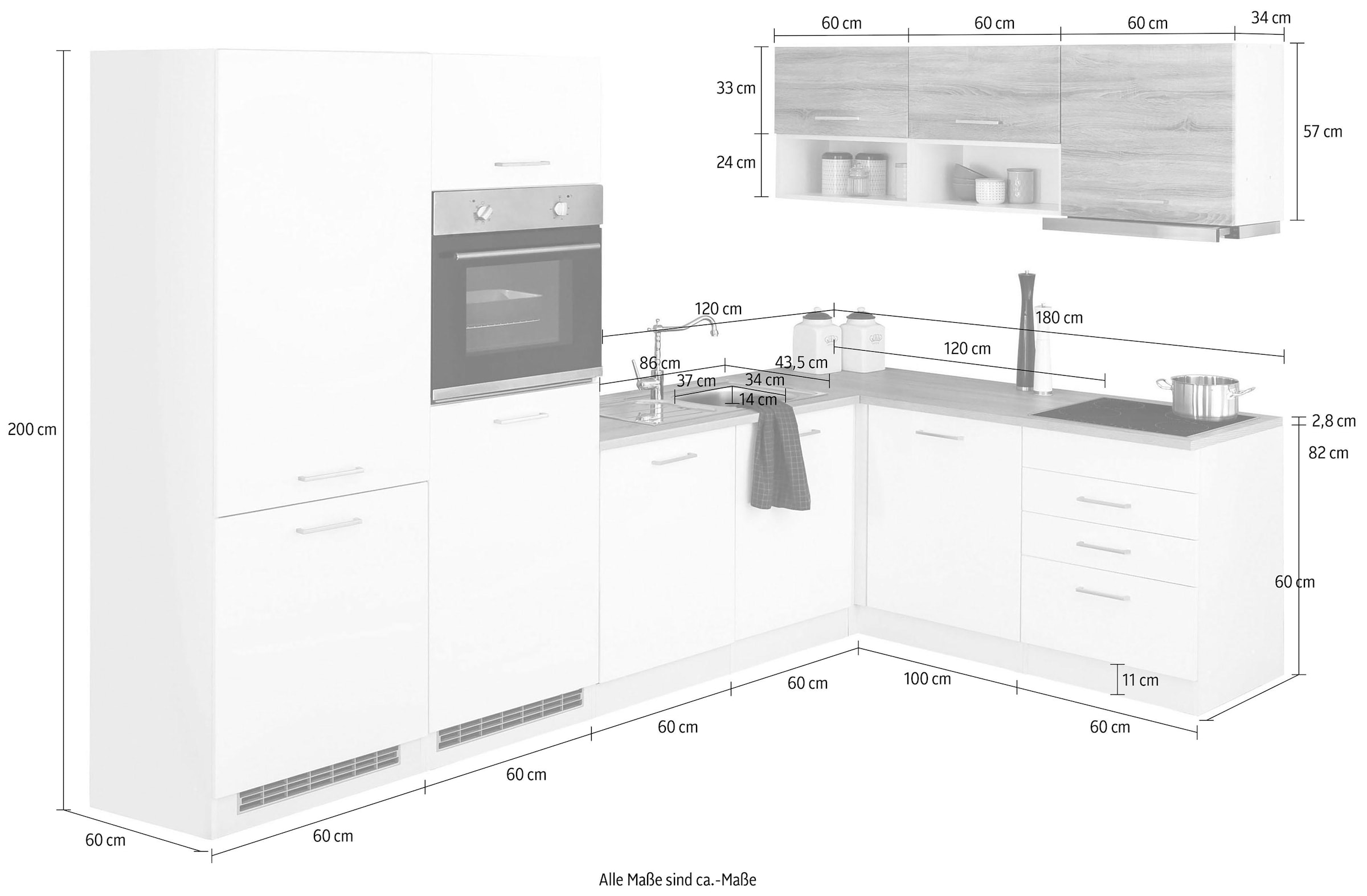 HELD MÖBEL Winkelküche »Visby«, mit E-Geräte, 300x180 cm, inkl. Kühl/Gefrierkombi und Geschirrspüler
