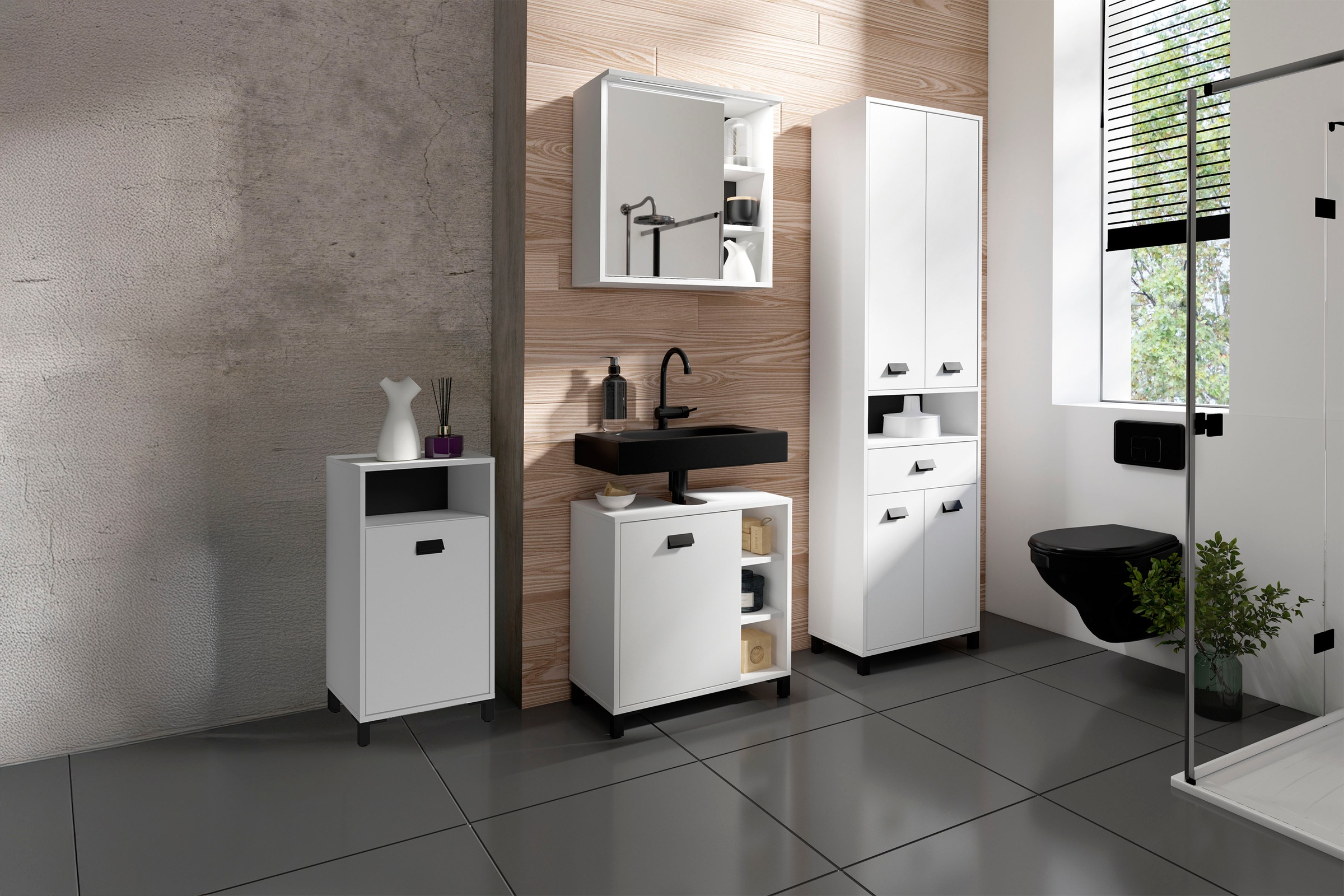 byLIVING Hochschrank »Wellness«, Badezimmer Hochschrank mit 4 Türen und Schubkasten für viel Stauraum