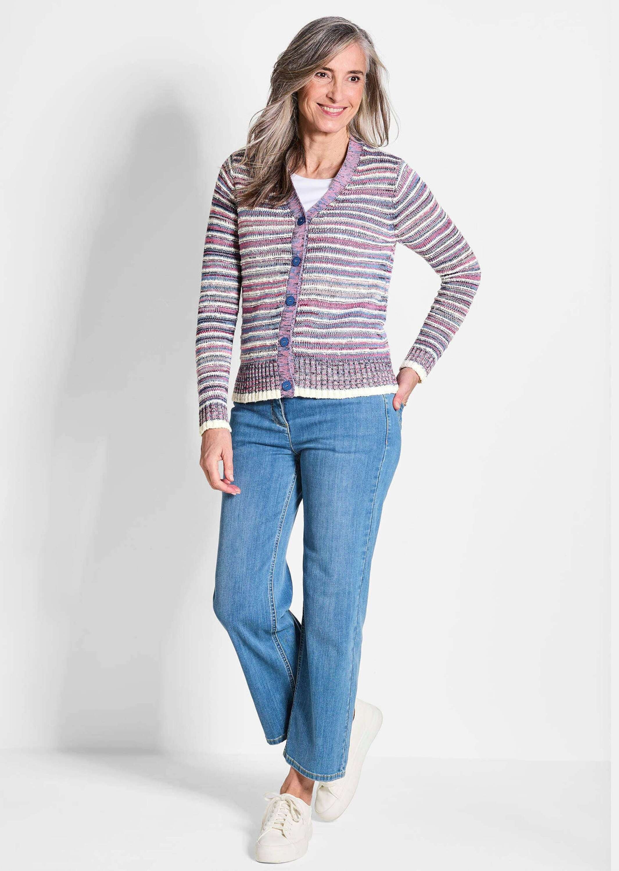 GOLDNER Strickjacke "Kurzgröße Langarm Jacke mit Muster, V-Ausschnitt" Mult günstig online kaufen