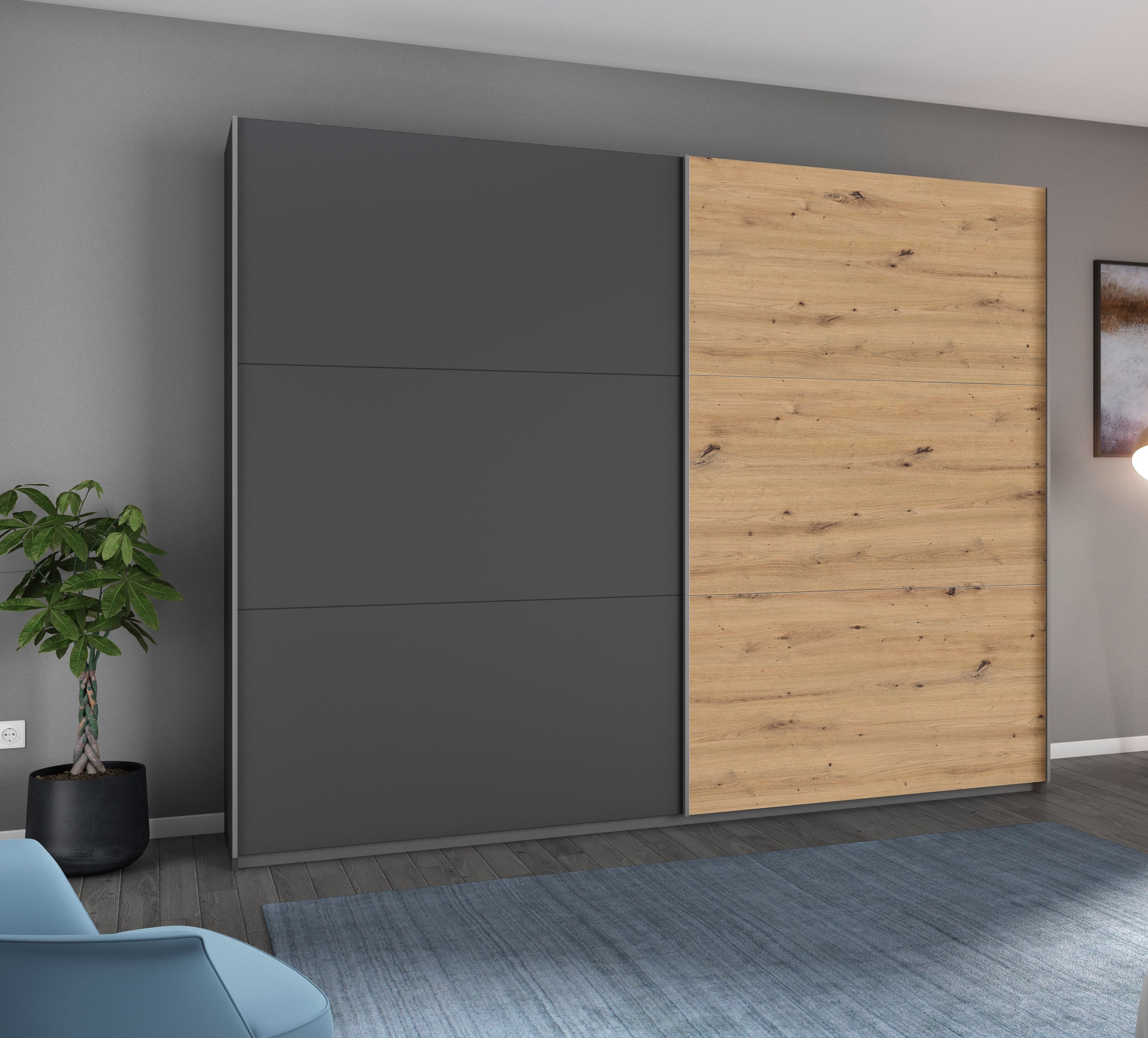 BASIC Schwebetürenschrank "AURELIO Kleiderschrank Garderobe" 3 Ausstattungen BASIC/CLASSIC/PREMIUM (inkl. SOFT-CLOSE-FUNKTION), 3 verschiedene Ausstattungsvarianten Griffe aus Metall MADE IN GERMANY
