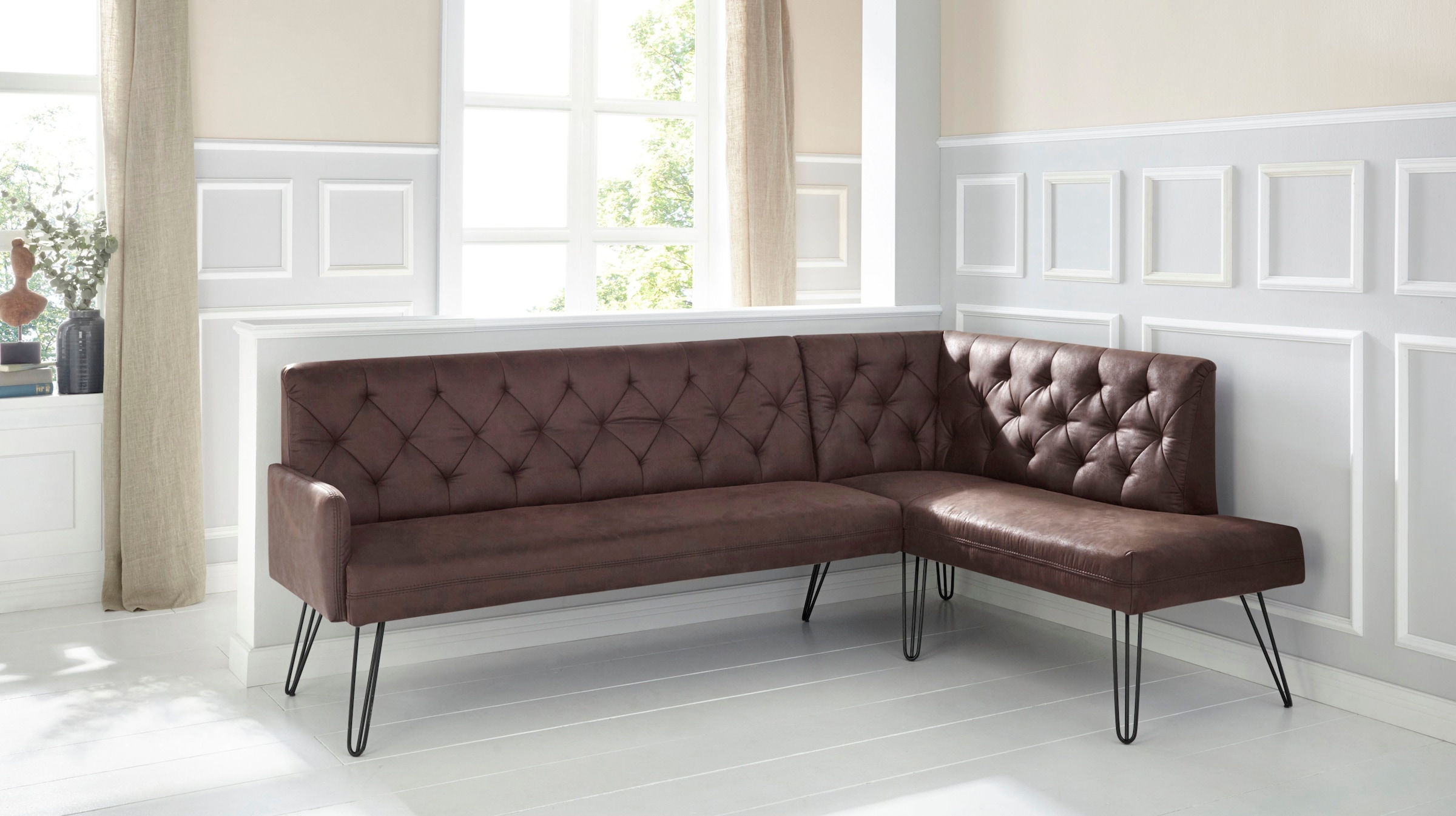 exxpo - sofa fashion Eckbank "Doppio, Chesterfield Optik, komfortabel und bequem, hohe Designfüße", Frei im Raum stellba