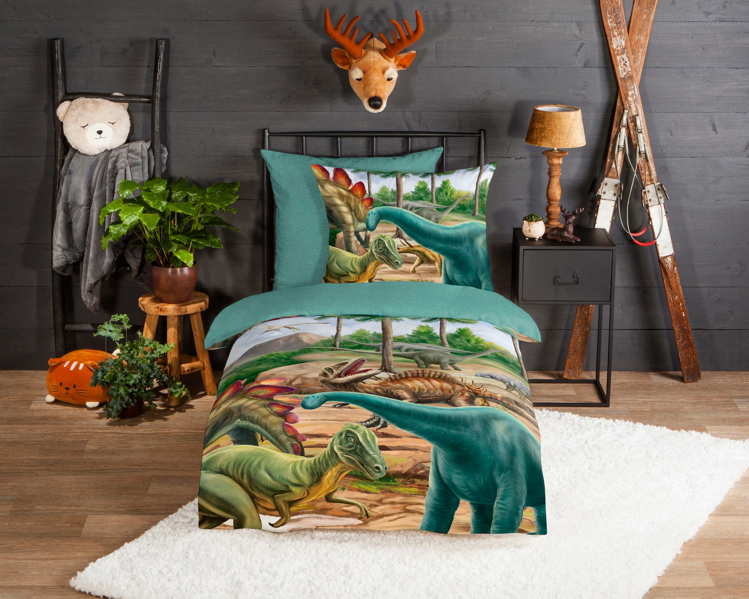 good morning Kinderbettwäsche "Prehistory Dinos", Biber, 135x200, Weich, Warm, Reißverschluss, Wende, Kind, Junge, Dino