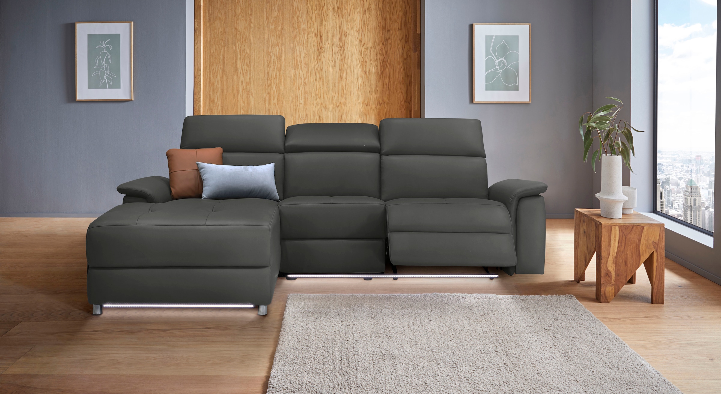 Places of Style Ecksofa »Pareli, L-Form, 259cm,m. Recamiere, Echtleder, Kunstleder, Webstoff«, man. o. elektr. Relaxfunktion, USB/Kopfteilverstellg u. LED