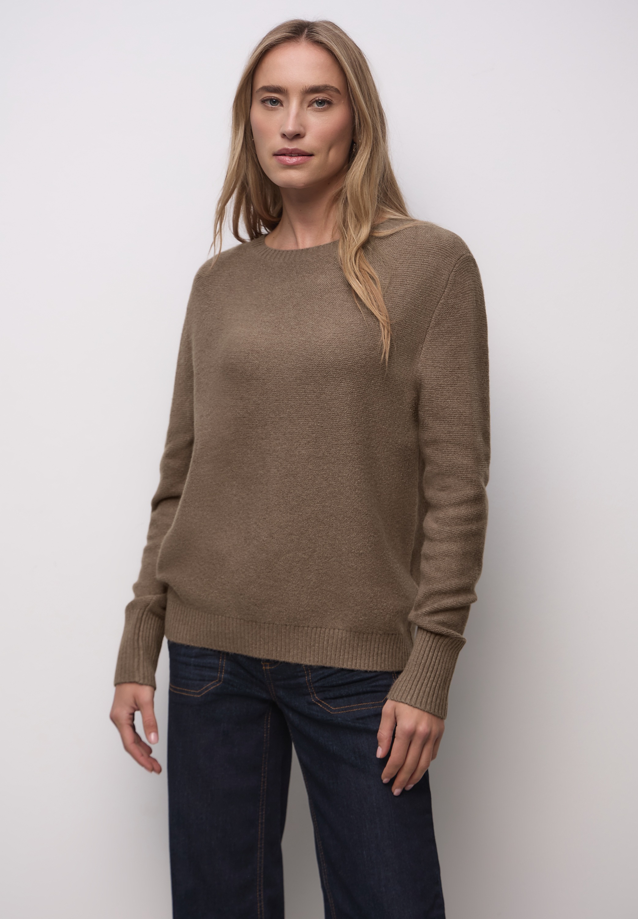 Rundhalspullover STREET ONE, Damen, Gr. 34, silk braun meliert, Web, 37% Baumwolle, 34% Polyacryl, 26% Polyester, 3% Elasthan, meliert, regular fit normal, Rundhals, Bündchen, Pullover Rundhalspullover, im soften Baumwoll-Mix