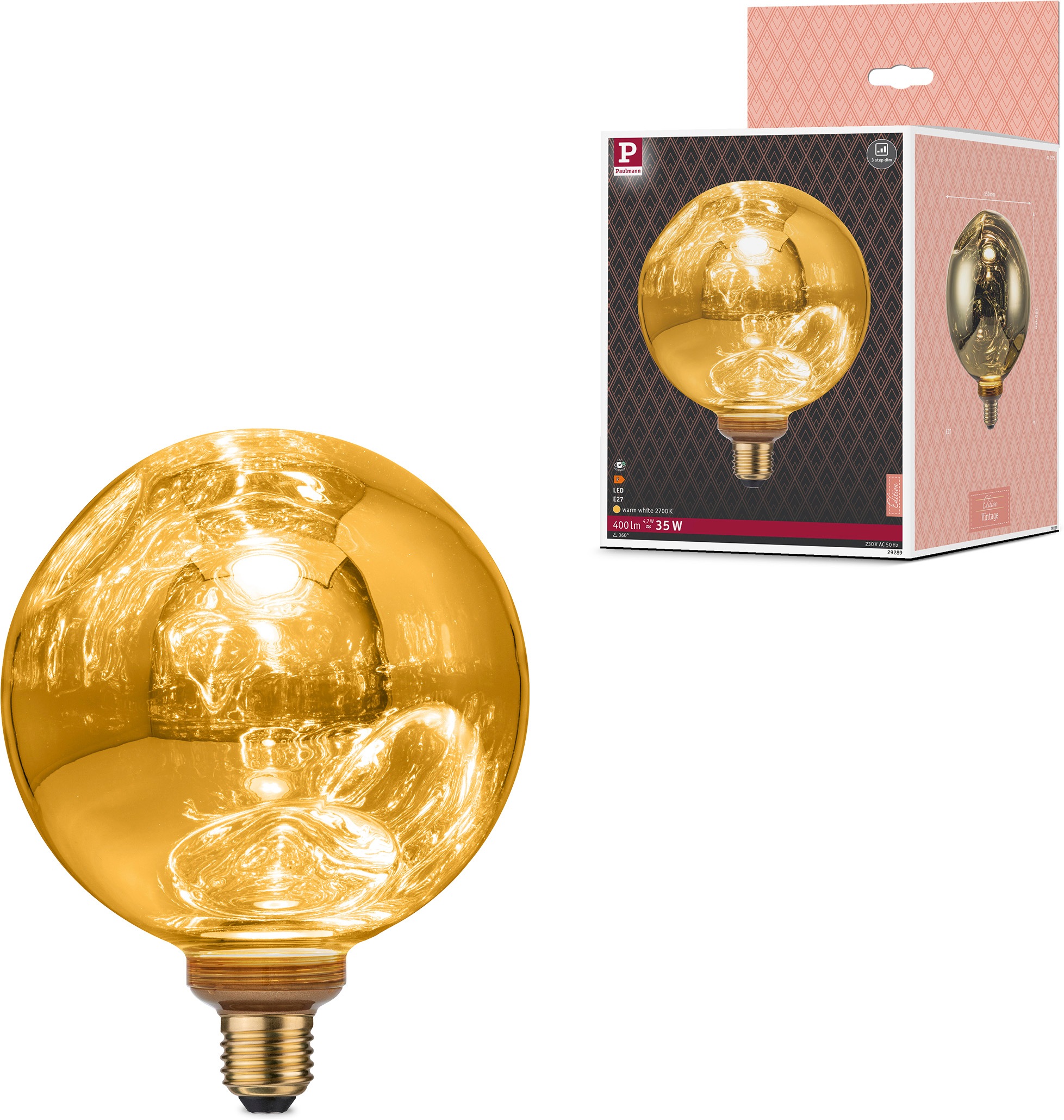 Paulmann LED-Filament »Vint G150 400lm 2700K gold 3step dim 4,7W 230V 3Dellen« E27 1 Stk. Warmweiß Dimmbar