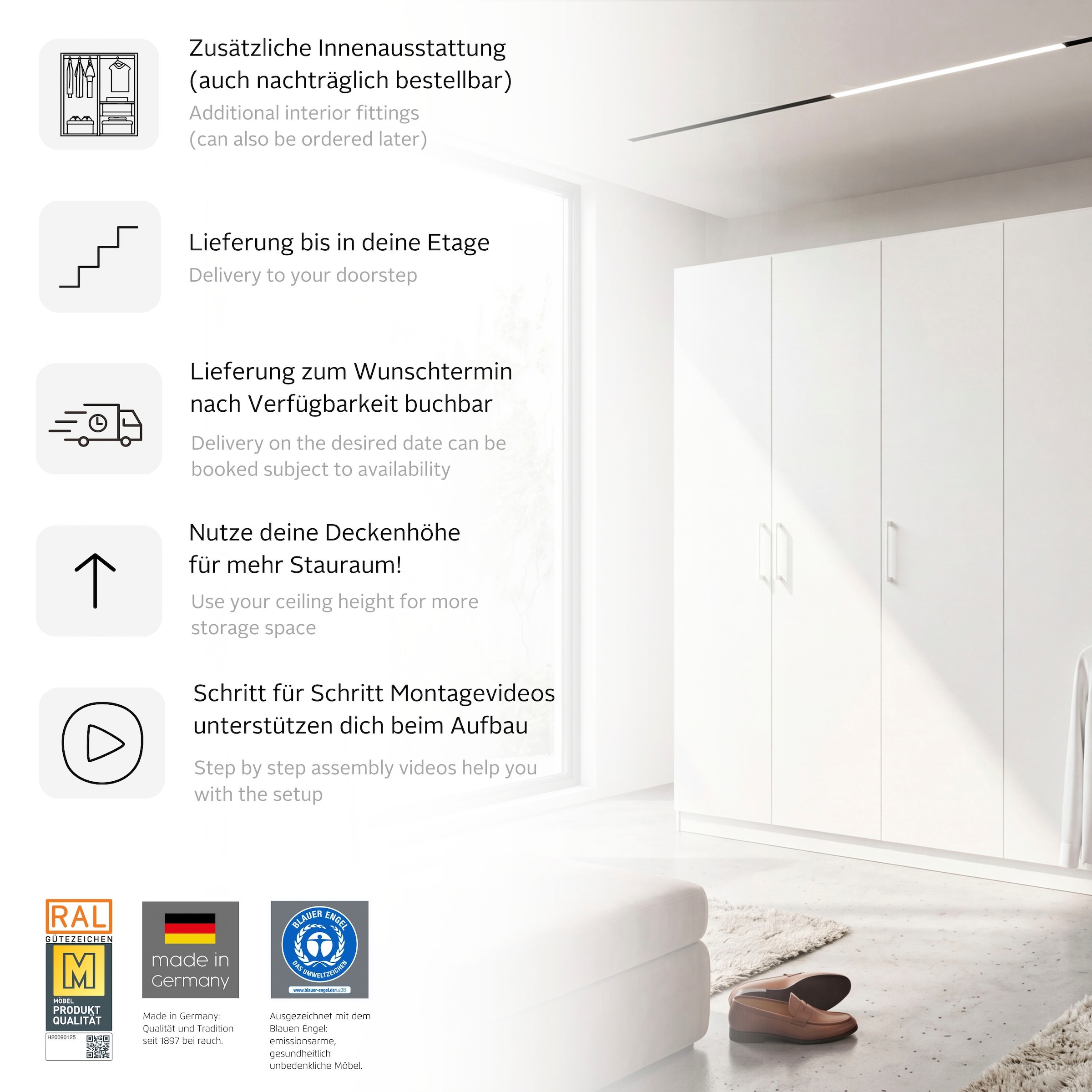 rauch Kleiderschrank »Schrank Mehrzweckschrank Garderobenschrank Schlafzimmer Möbel THOR« 3 verschiedene Ausstattungen BASIC/CLASSIC/PREMIUM (inkl. SOFT-CLOSE),  mit farblich passenden, modernen Metallgriffen MADE IN GERMANY