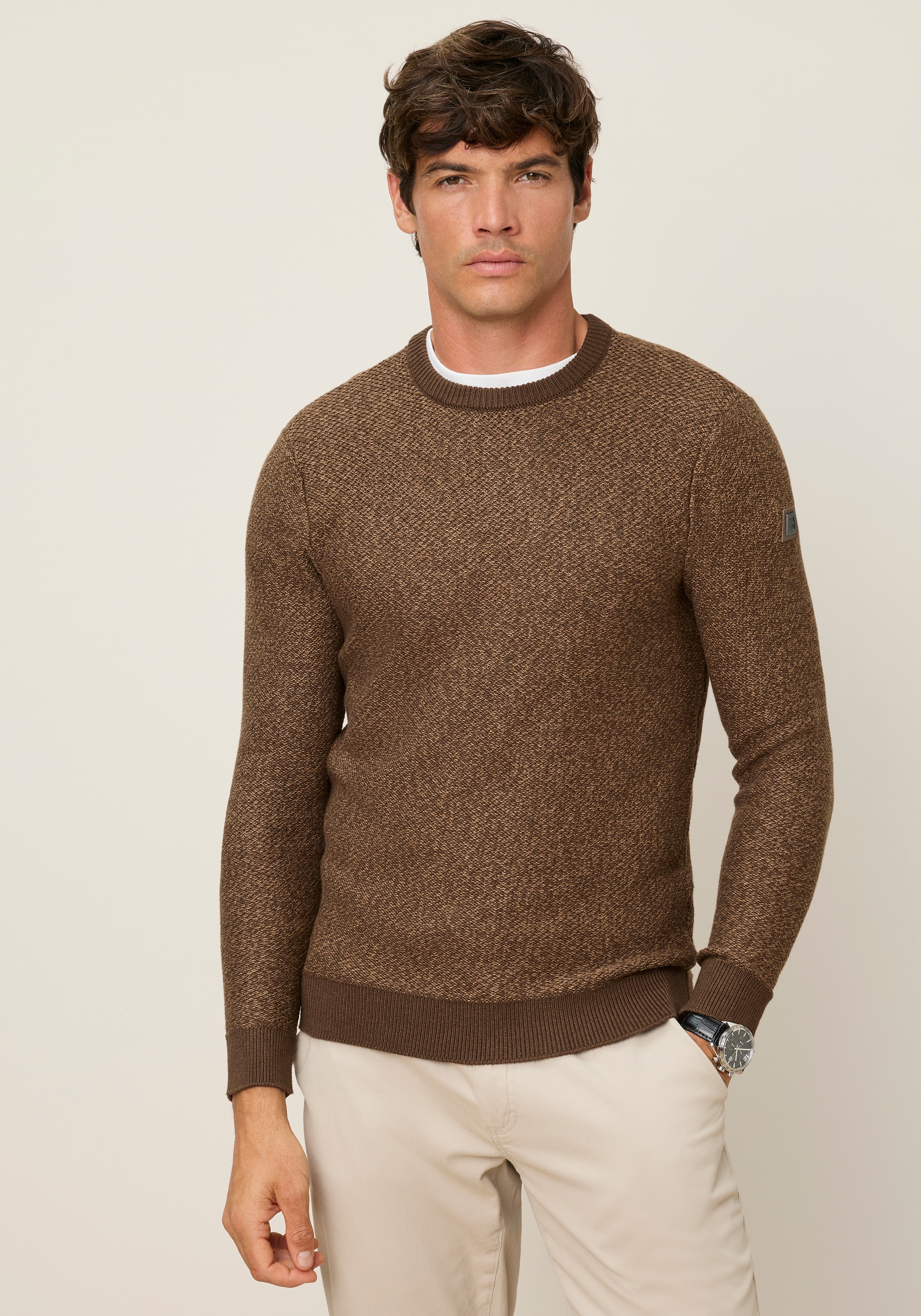 Mans World Rundhalspullover "Neue Kollektion Highlight Strukturqualität" mit Rippbündchen am Ausschnitt, Strickmaterial, melierte Optik