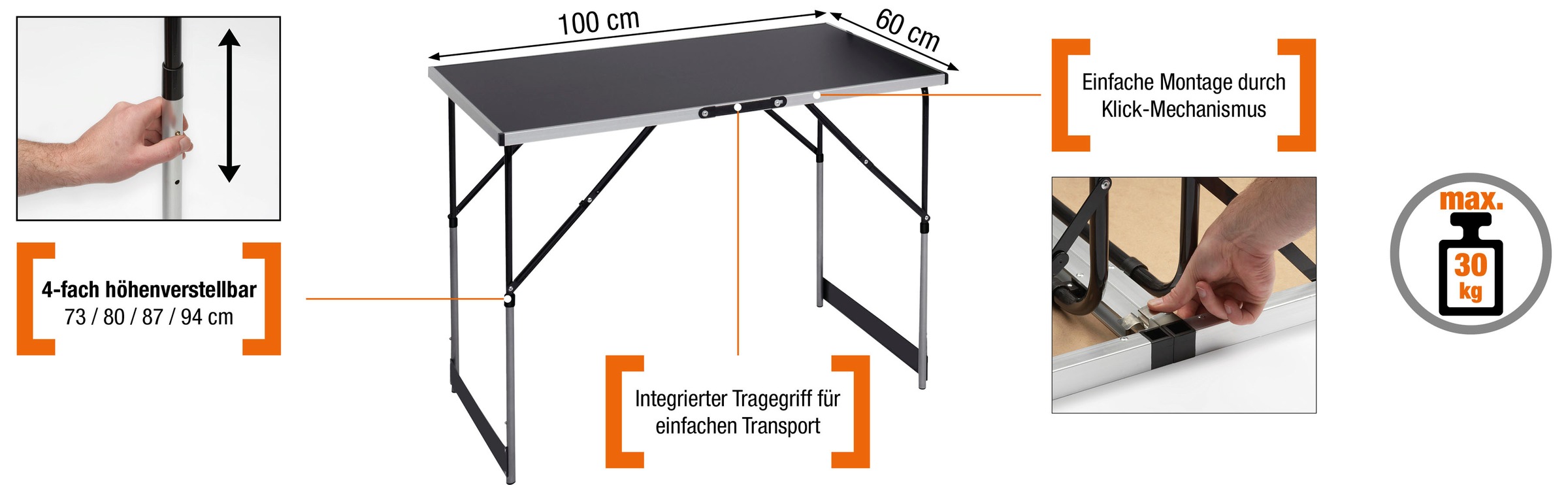 meister Beistelltisch »30 kg Tragkraft je Tisch (100 x 60 cm) - 4-fach höhenverstellbar«, Klappfunktion