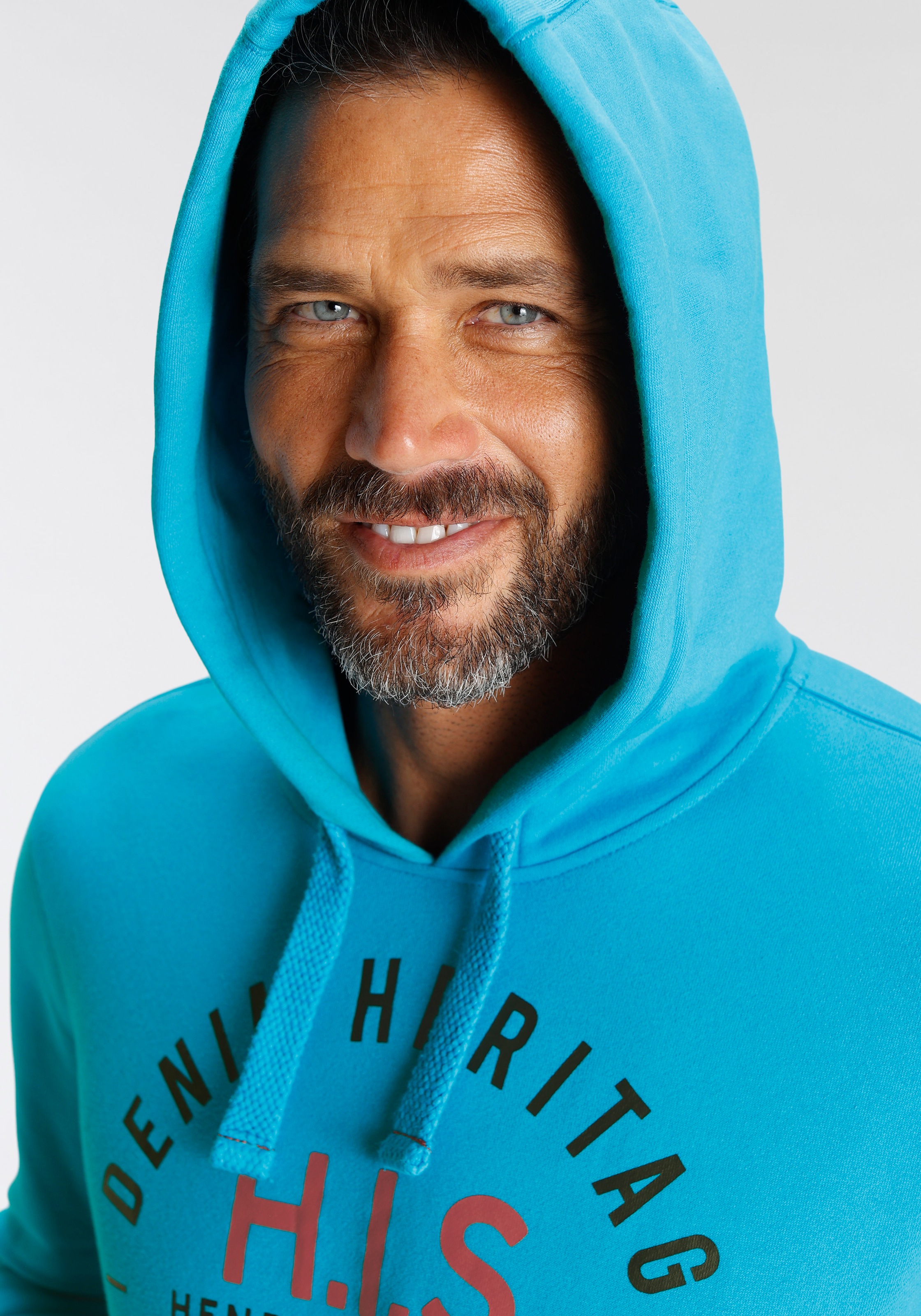 Kapuzensweatshirt H.I.S, Herren, Gr. 3XL (64/66), blau (türkis), angeraute Sweatware, Obermaterial: 60% Baumwolle, 40% Polyester, bedruckt, normal, Rundhals, Rippbündchen, Sweatshirts, Langarm, lässige Passform, mit Kängurutasche 3