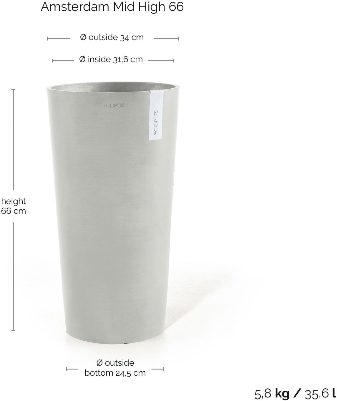 ECOPOTS Blumentopf »AMSTERDAM MID HIGH White Grey« BxTxH: 34x34x66 cm