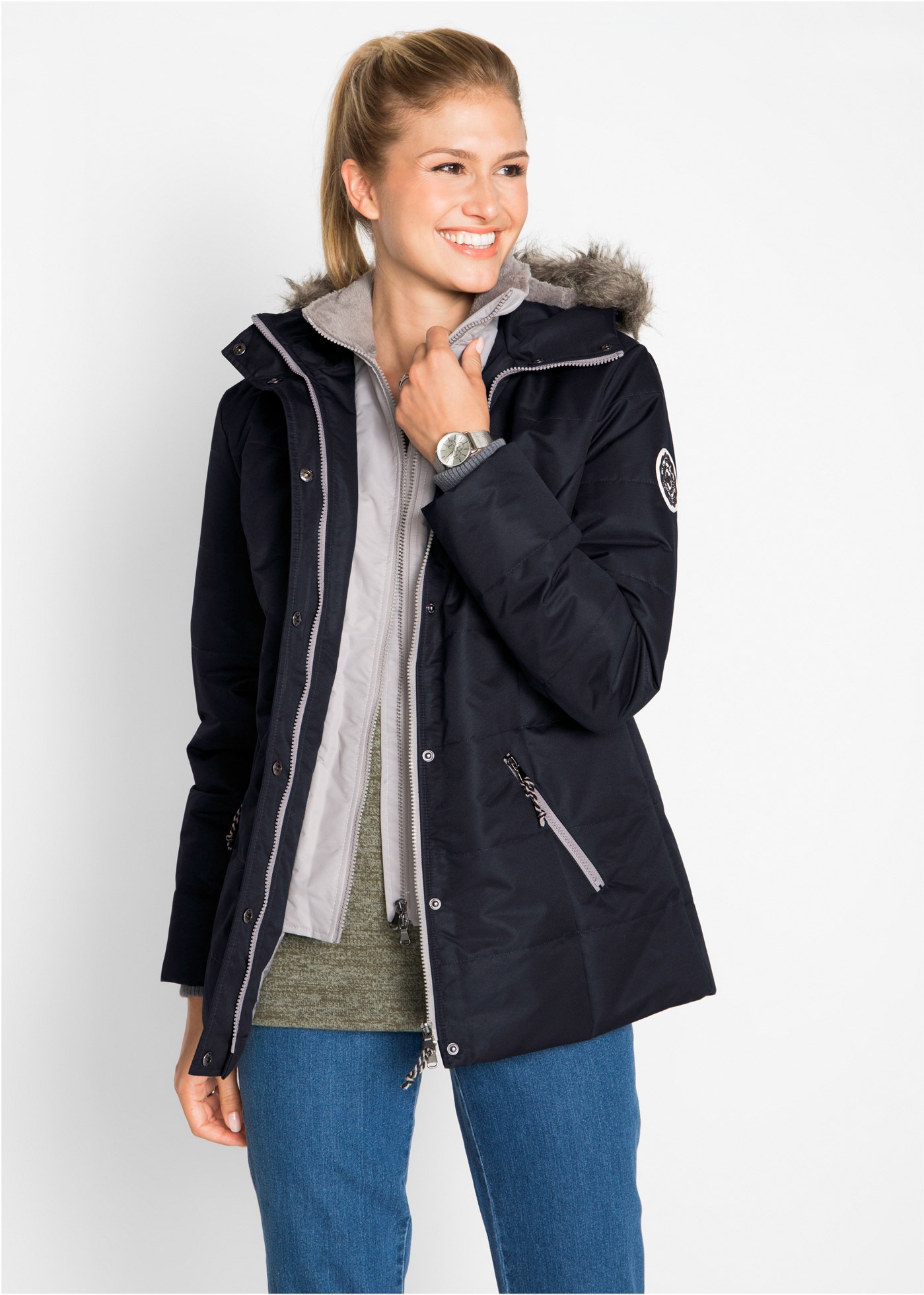 bonprix Winterjacke "Winterjacke in 2-in1 Optik" mit Kapuze Winterjacke in günstig online kaufen