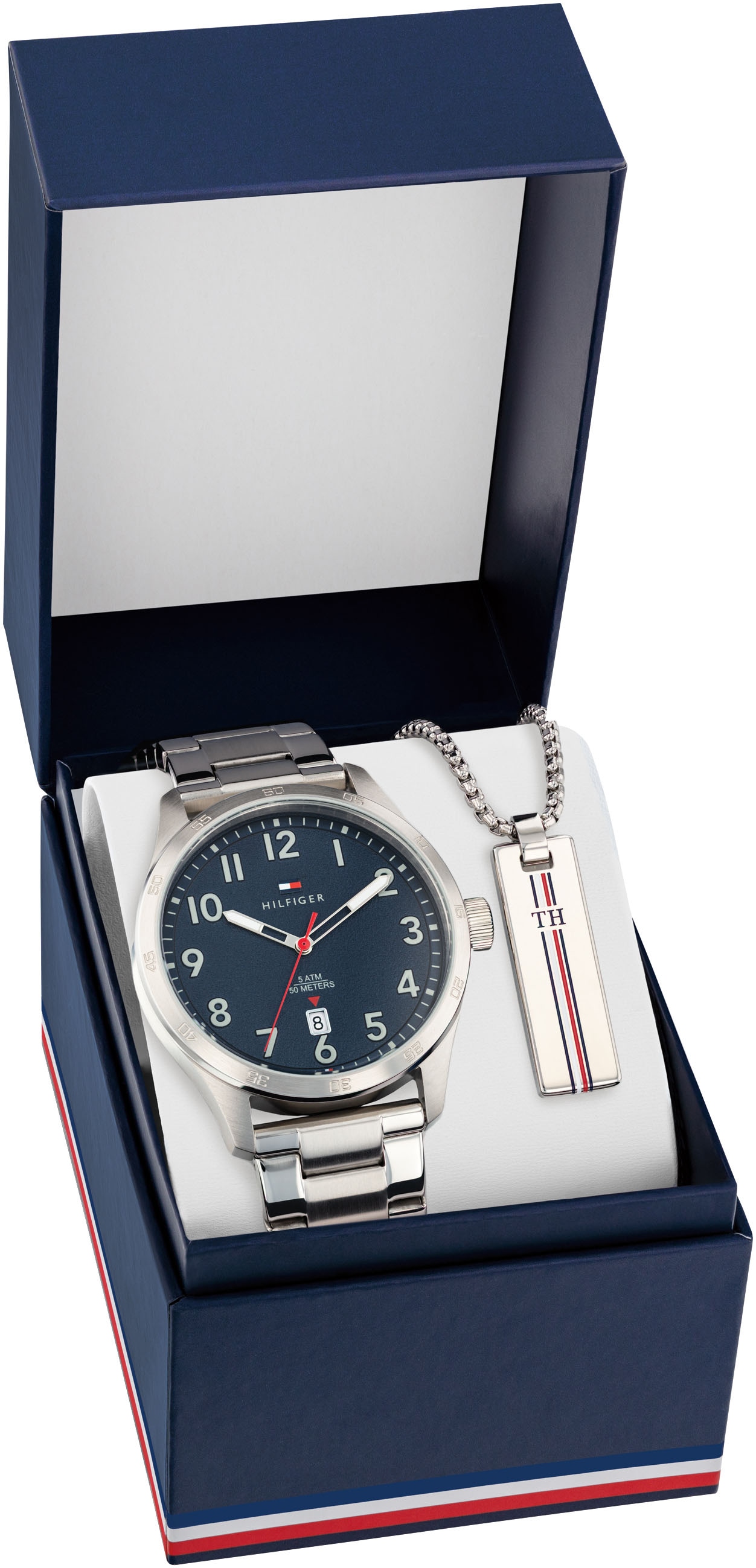 TOMMY HILFIGER Quarzuhr, (Set, 2 tlg., mit Halskette), Armbanduhr, Herrenuhr, Lederarmband, ideal als...