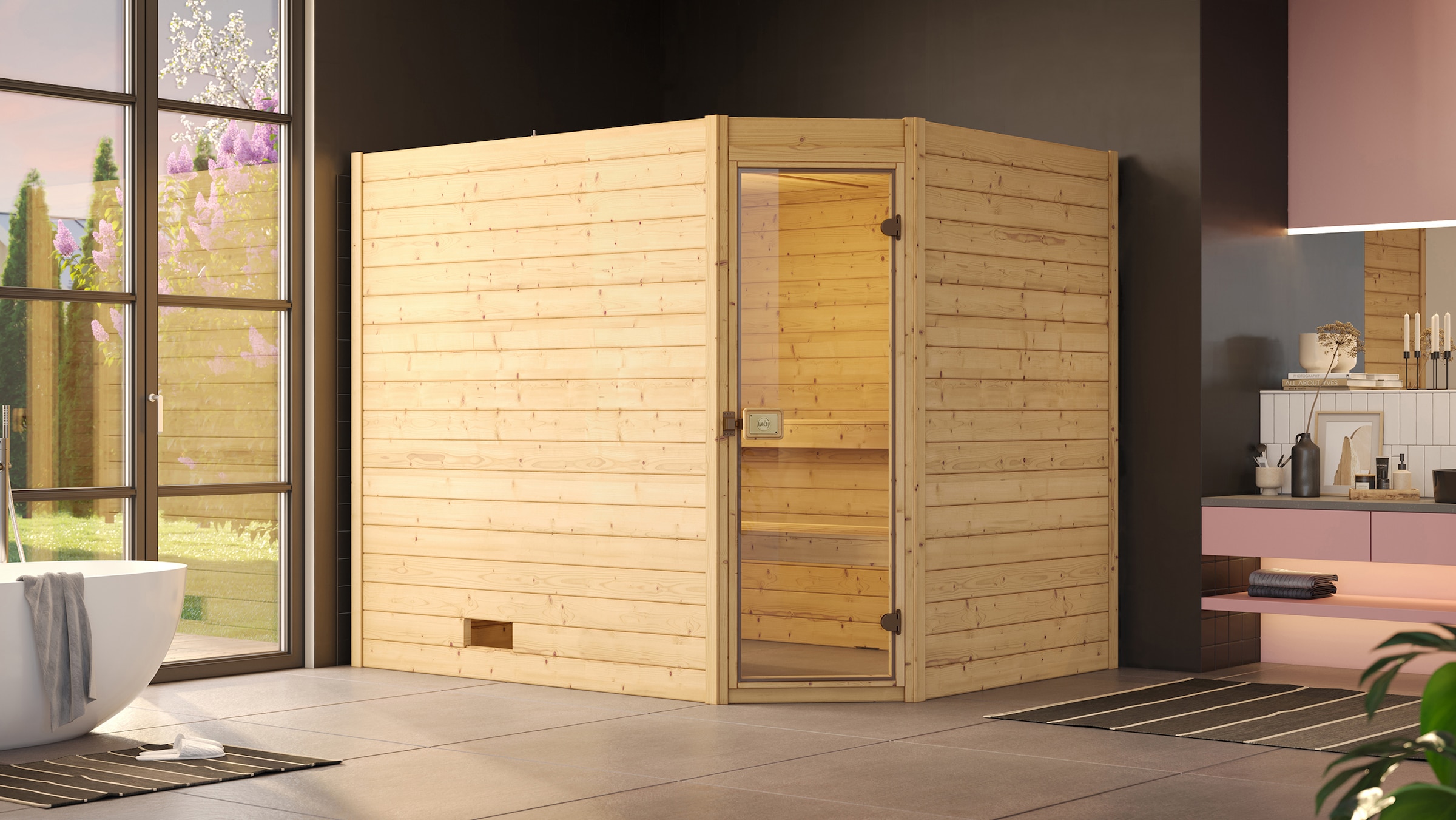 weka Sauna »Massivholzsauna VALIDA Eck 3«, Blockbohlen, moderne Ganzglastür, Eckeinstieg