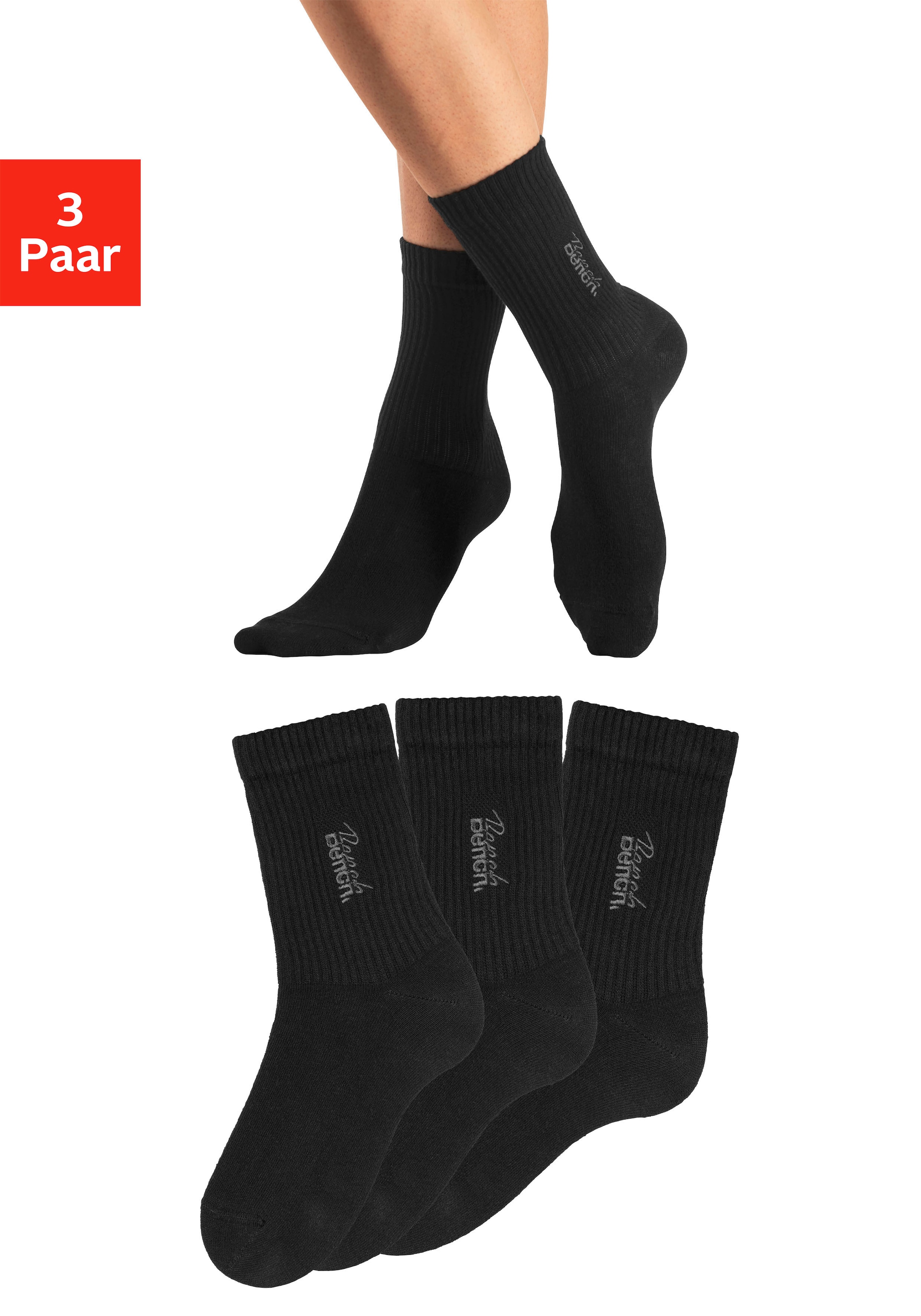 Bench. Basicsocken "Damensocken hochgeripptes Bündchen" Packung, 3 Stk. tlg. mit Bench Logo Stickerei