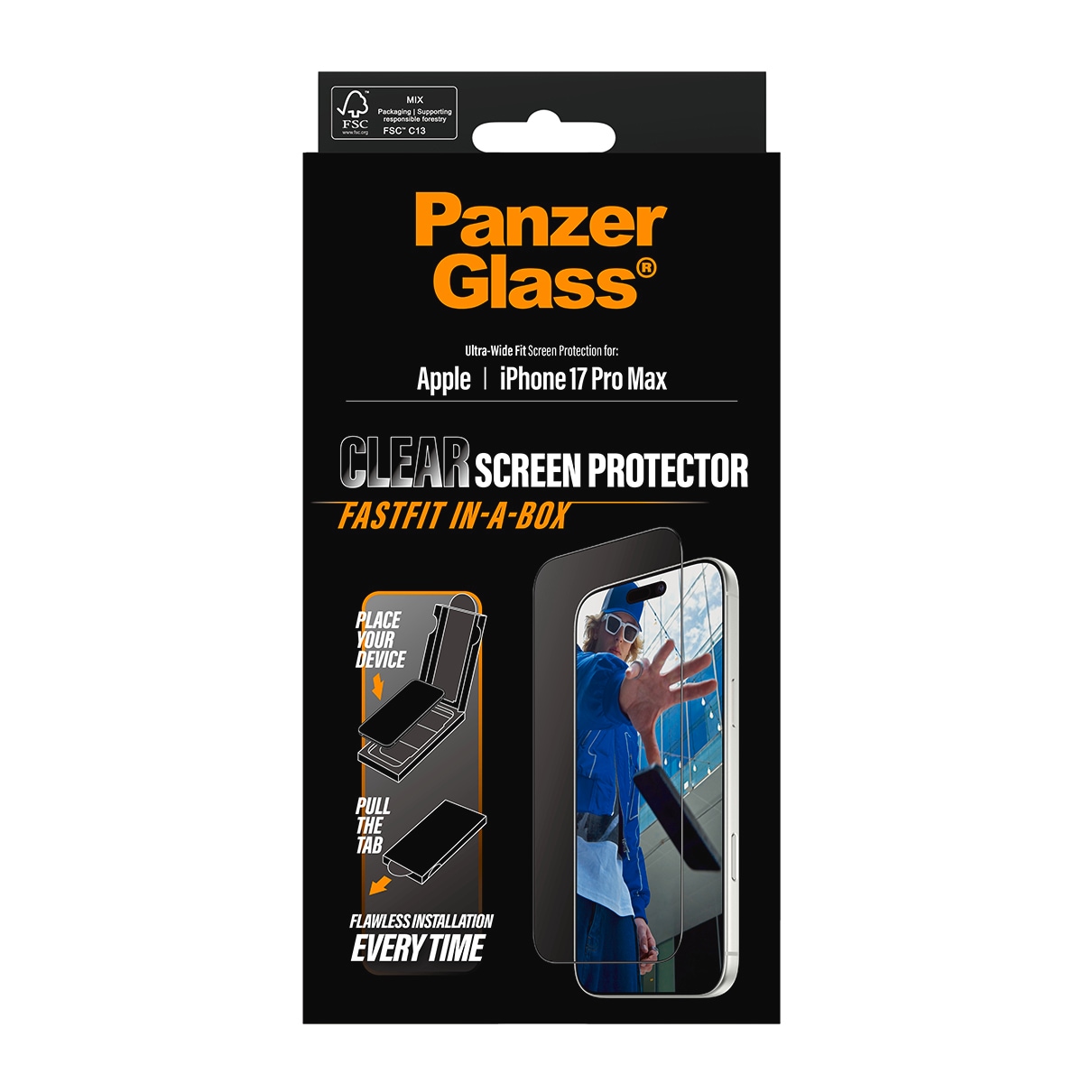 CARE by PanzerGlass Displayschutzglas »Ultra-Wide Fit Screen Protector FASTFIT IN-A-BOX«, für Apple iPhone 17 Pro Max, Displayschutzfolie, Schutzfolie, Bildschirmschutz, kratz- & stoßfest