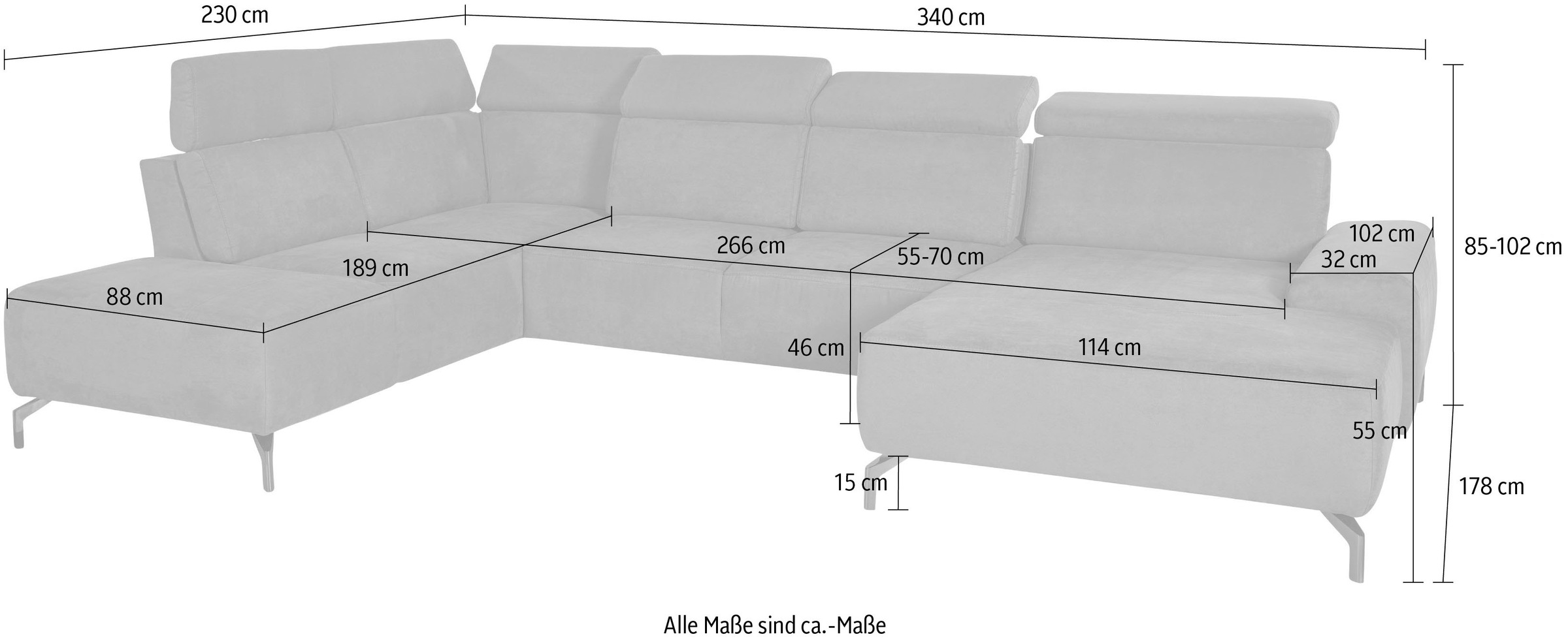 sit&more Wohnlandschaft »Gizeh U-Form«, 15 cm Fußhöhe, inklusive Sitztiefenverstellung und Kopfteilverstellung