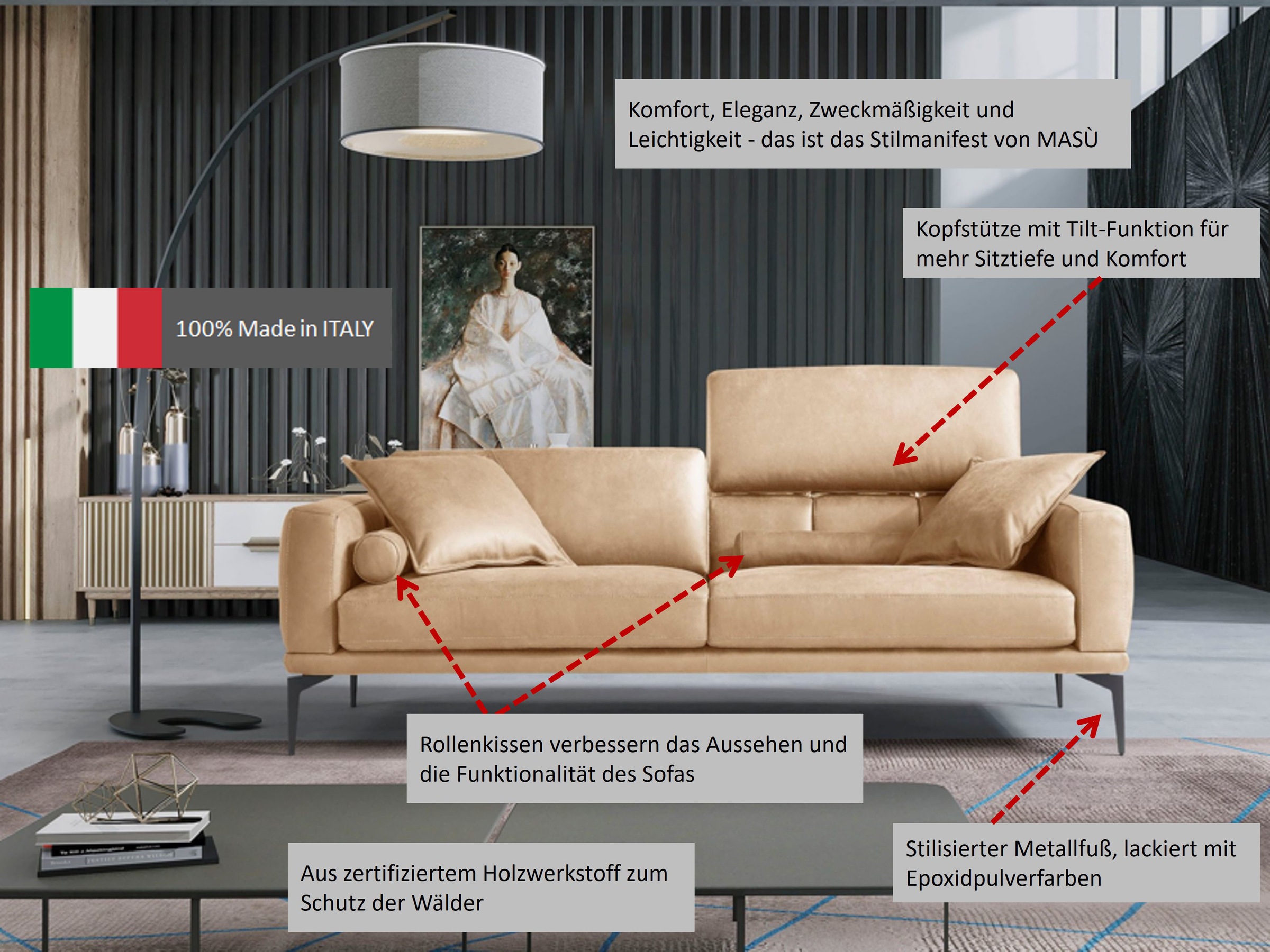 Egoitaliano 2,5-Sitzer »Masu, Designsofa mit erstklassigem Sitzkomfort«, inkl. 2 Kissenrollen, Rückenelemente manuell verstellbar, Metallfüße