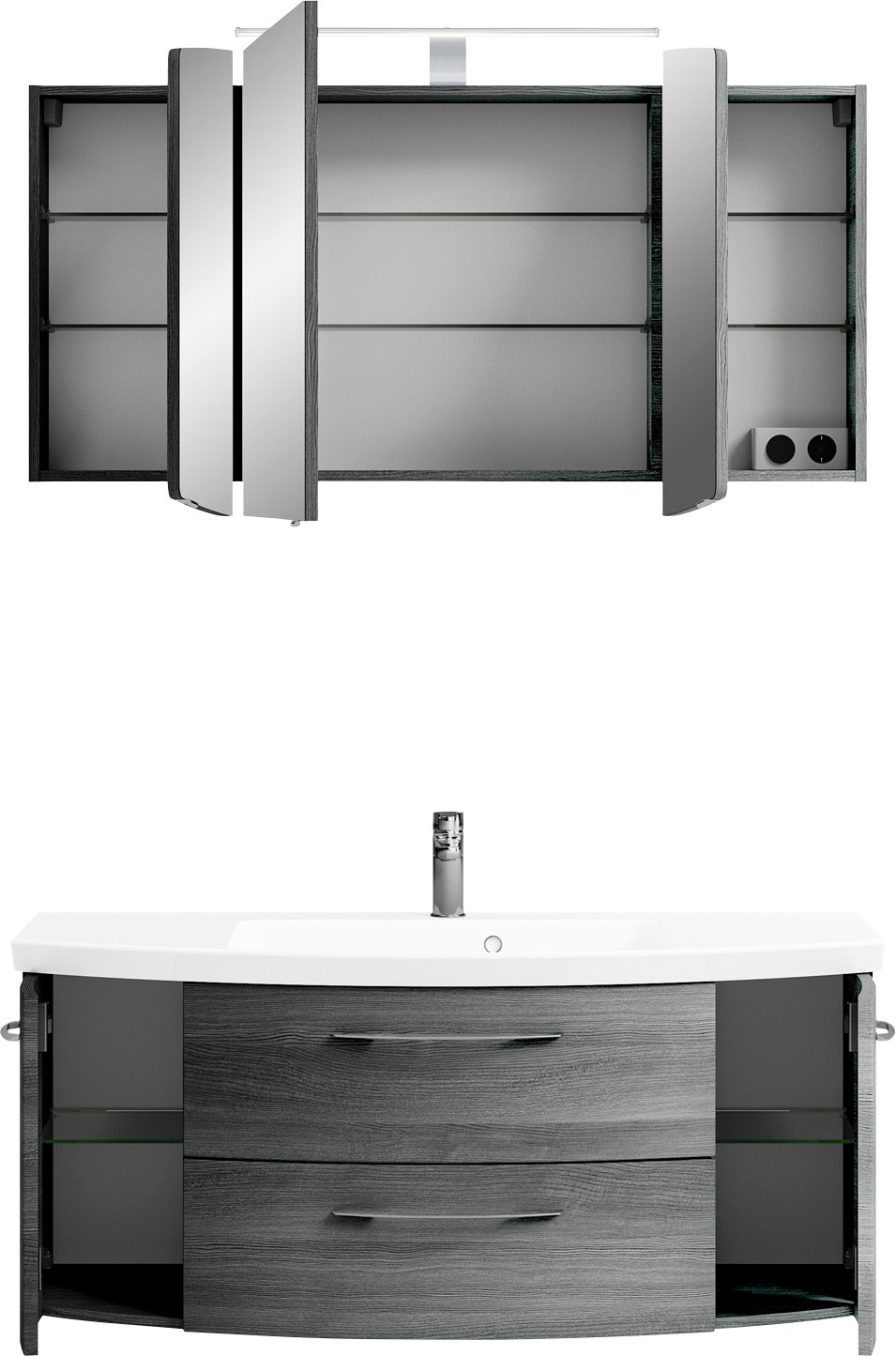 Saphir Badmöbel-Set »Cassca Sprint 2-teilig Mineralmarmor-Waschtisch mit LED-Spiegelschrank«, (2 St.), Waschplatz 121 cm breit mit 5 Türen, 2 Schubladen, inkl. Türdämpfer