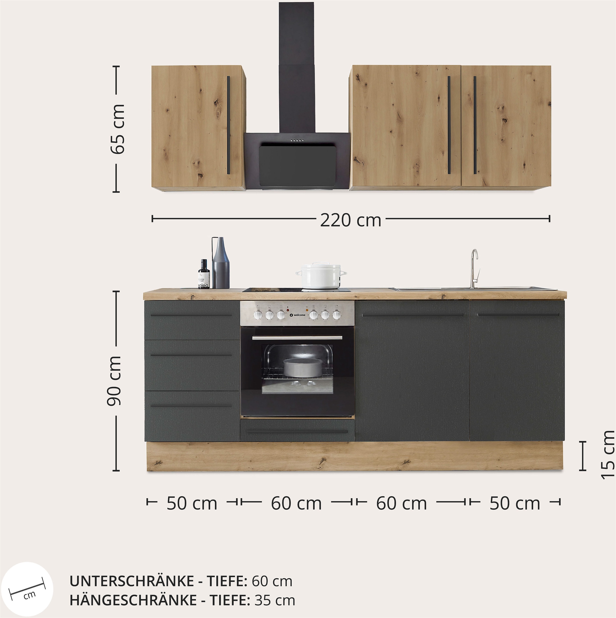 KOCHSTATION Küchenzeile »KS-Florida mit 38mm starker Arbeitsplatte«, Breite 220 cm, wahlweise mit E-Geräten, Soft-Close-Funktion