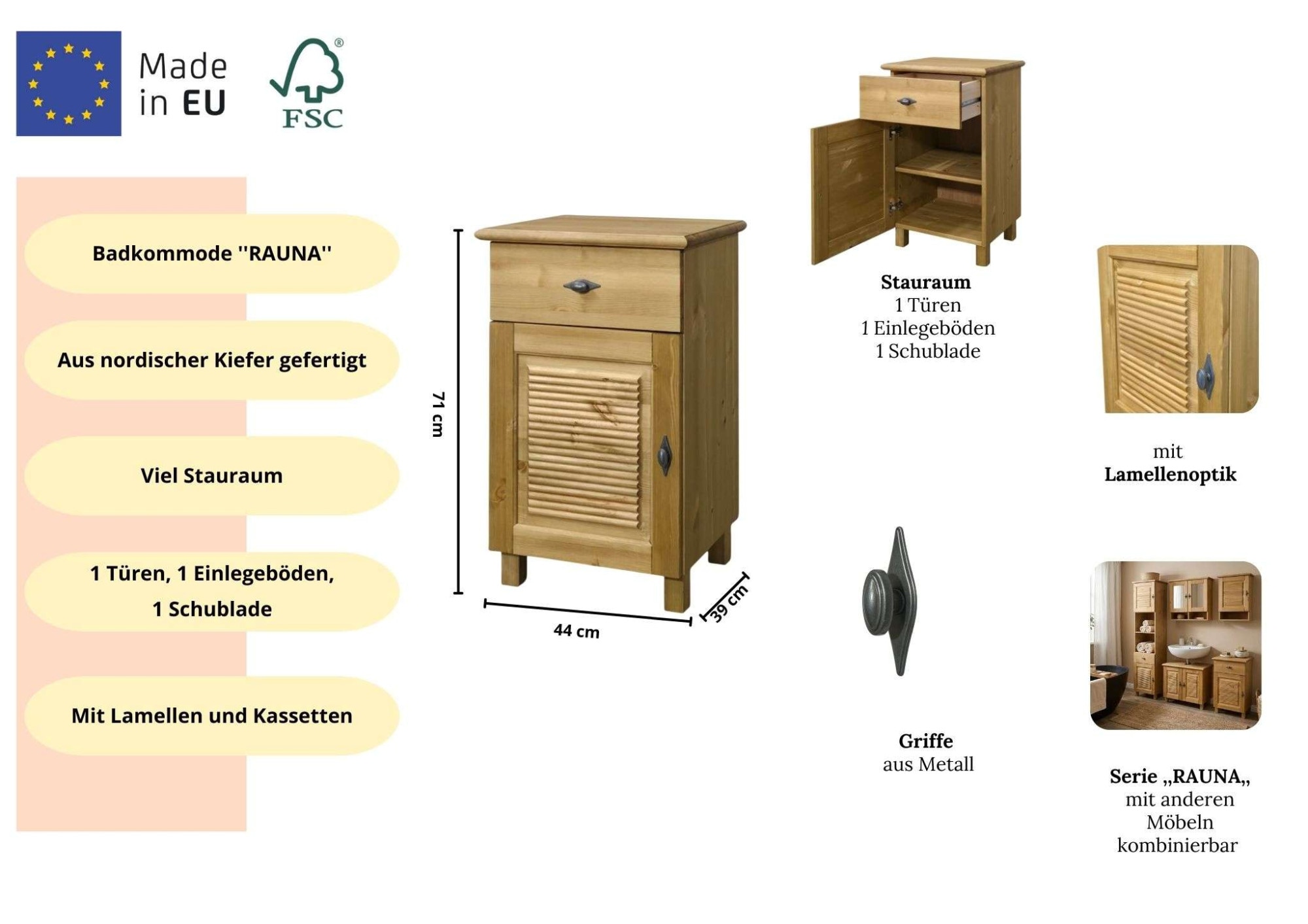 Home affaire Unterschrank »Rauna« aus massiver Kiefer, Breite 44 cm, Rillenoptik, made in EU