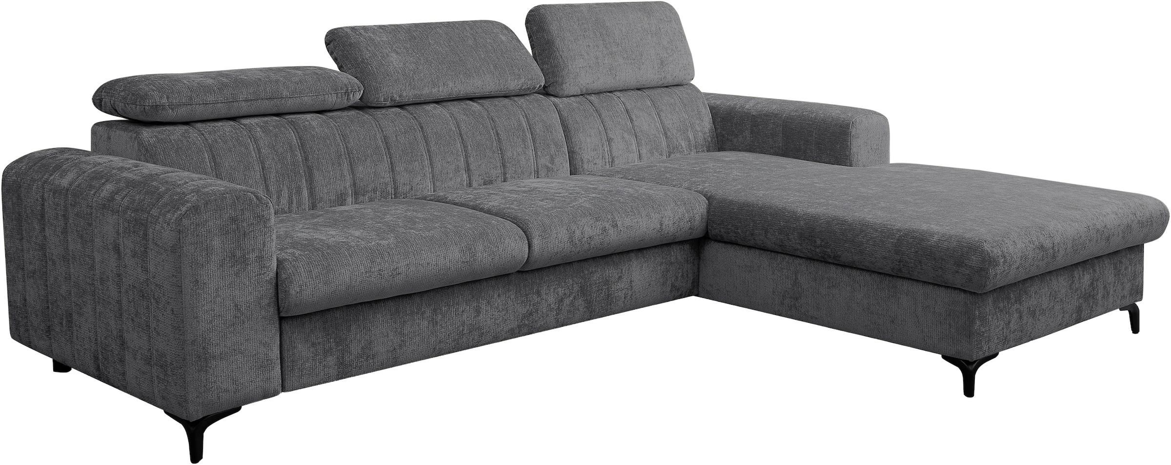 WERK2 Ecksofa »Foster inkl. Schlaffunktion & Bettkasten, bodenfrei, Chenille, bequem« 3 verstellbare Kopfstützen & Pfeifensteppung im Retro-Look, L-Form
