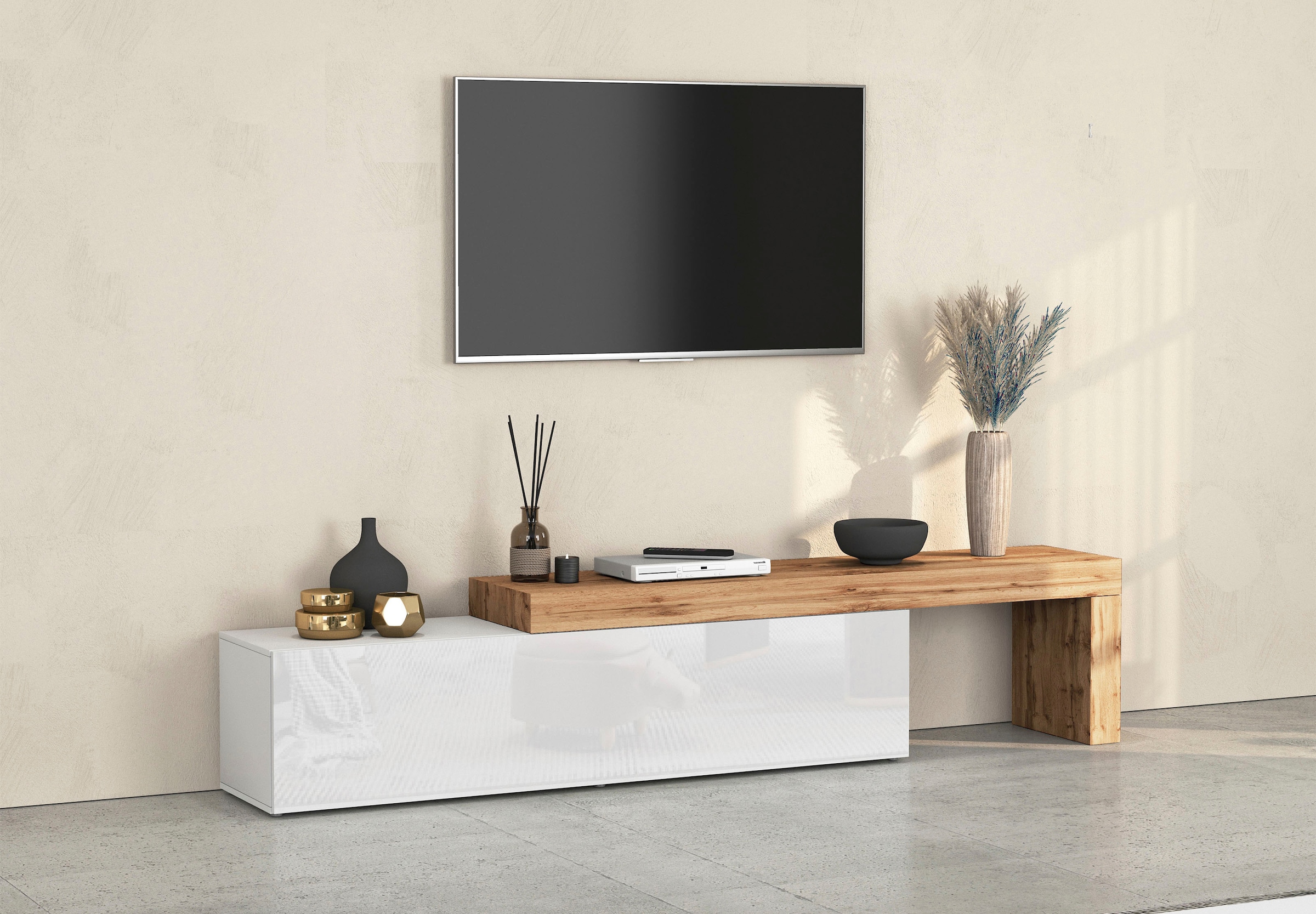 OTTO home Lowboard "Lowboard Chronos TV-Board, TV-Schrank" Spar-Set, Breite verstellbar von 190 bis 350 cm, 1 Stk. tlg. Breite 270 cm TV-Board,Lowboard,1 Klappe und ein L-Förmiger Aufsatz