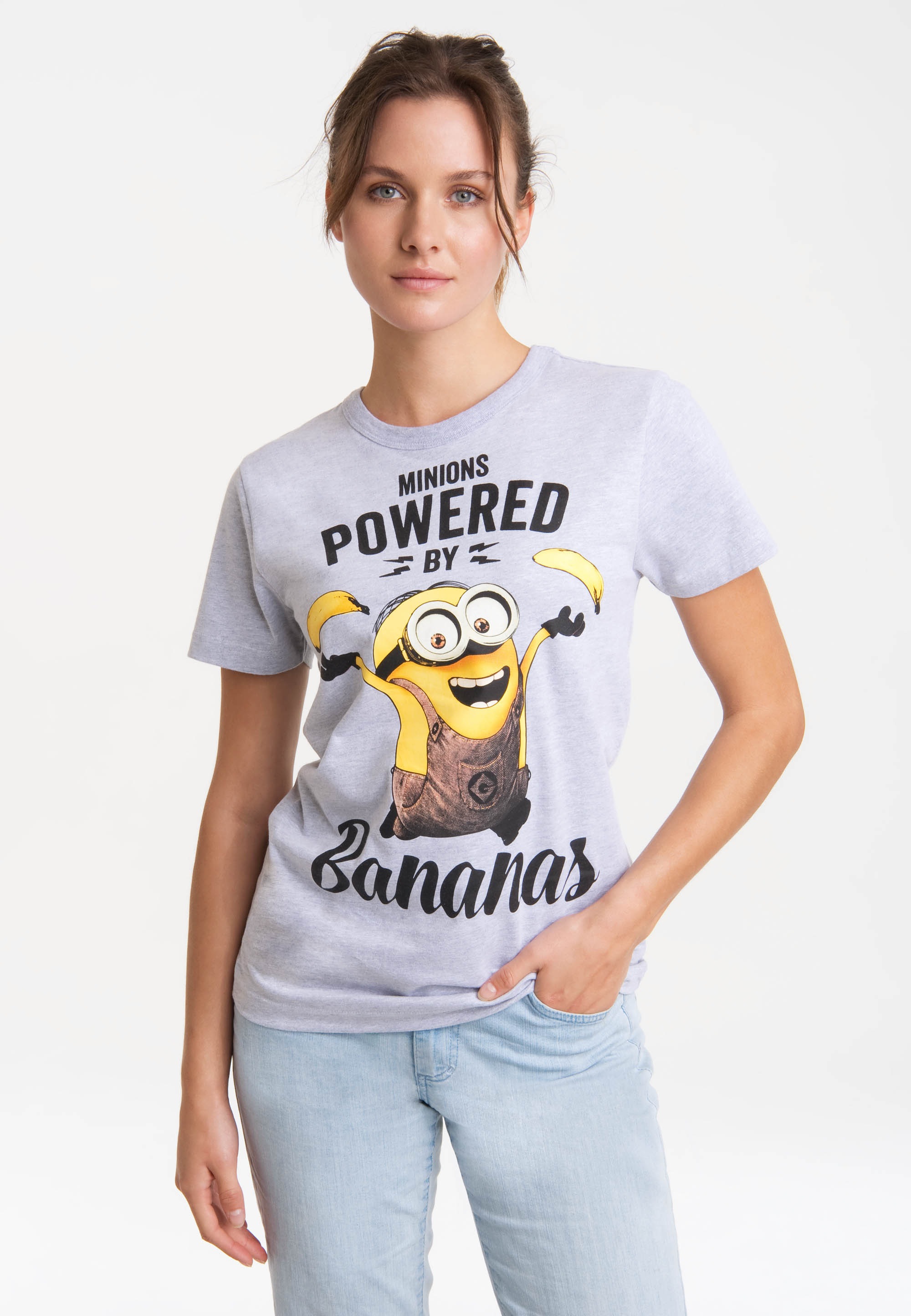 T-Shirt LOGOSHIRT "Minions", Damen, Gr. M, grau (grau, meliert), 92% Baumwolle, 8% Elasthan, bedruckt, meliert, normal, Rundhals, Shirts T-Shirt, mit lizenziertem Print 3